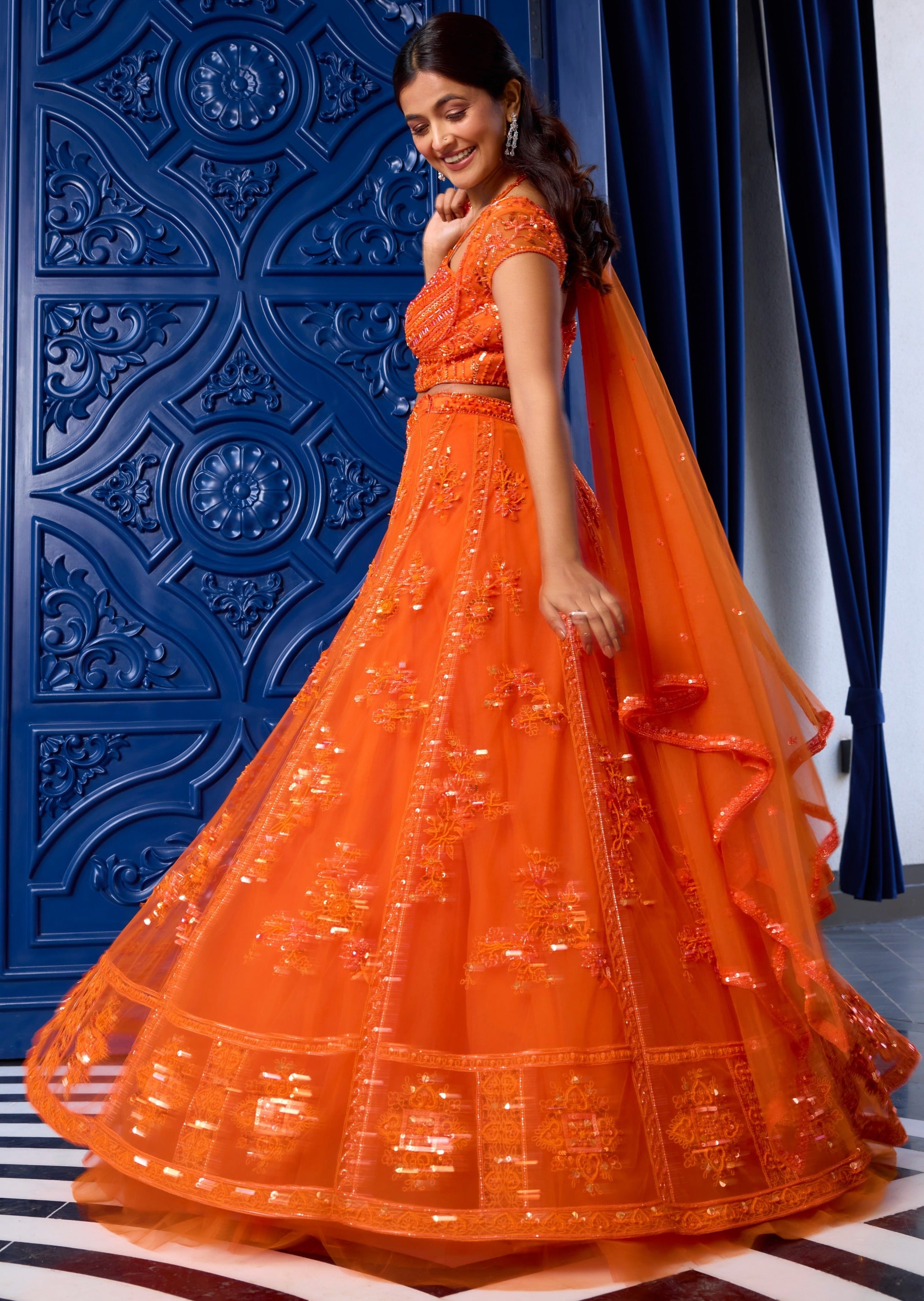 Orange Tonal Embroidered Lehenga Set