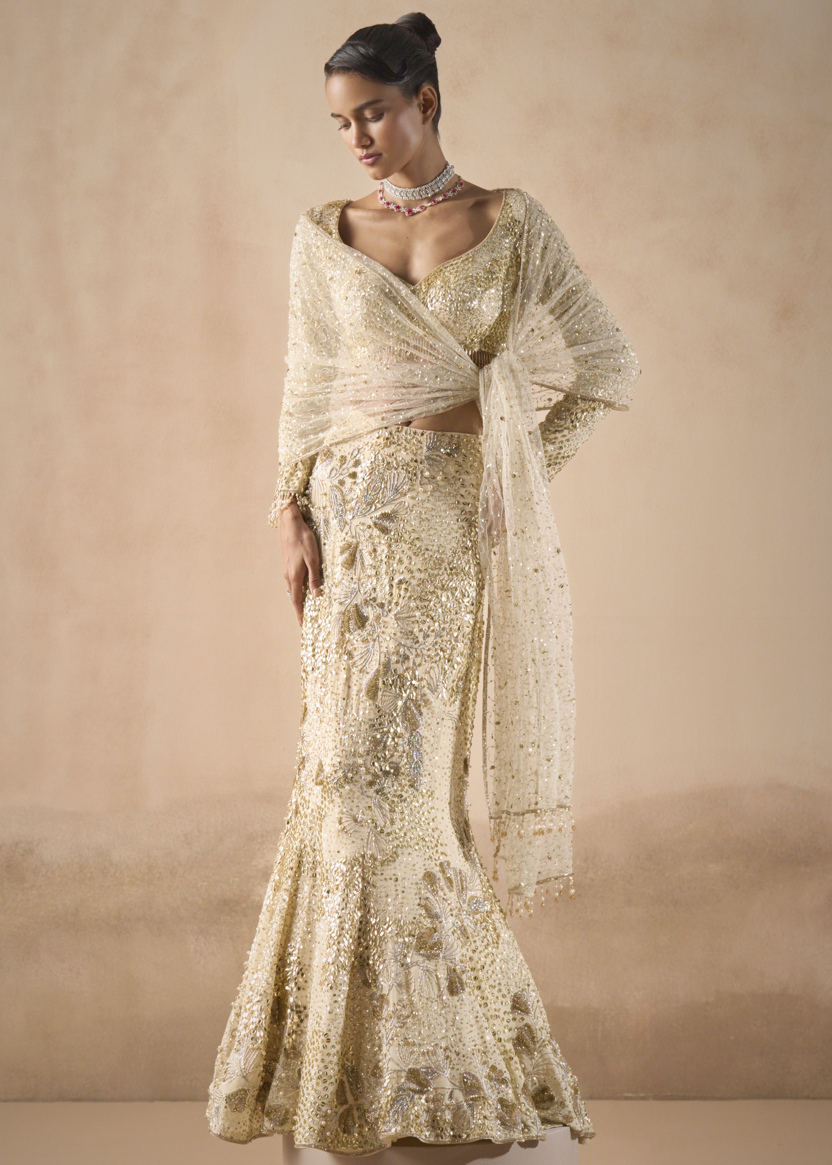 Ivory Georgette Fit And Flare Lehenga Set