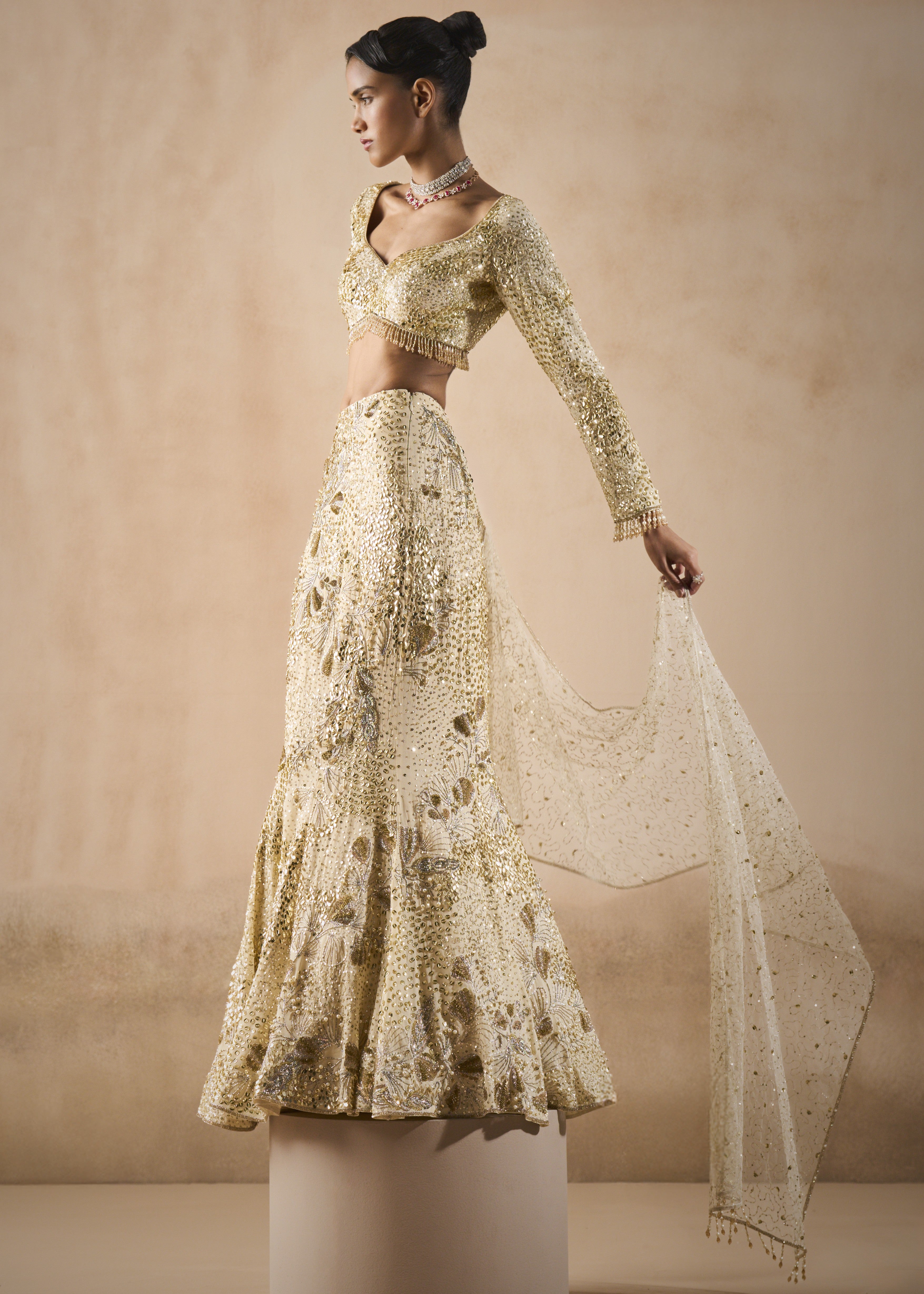 Ivory Georgette Fit And Flare Lehenga Set