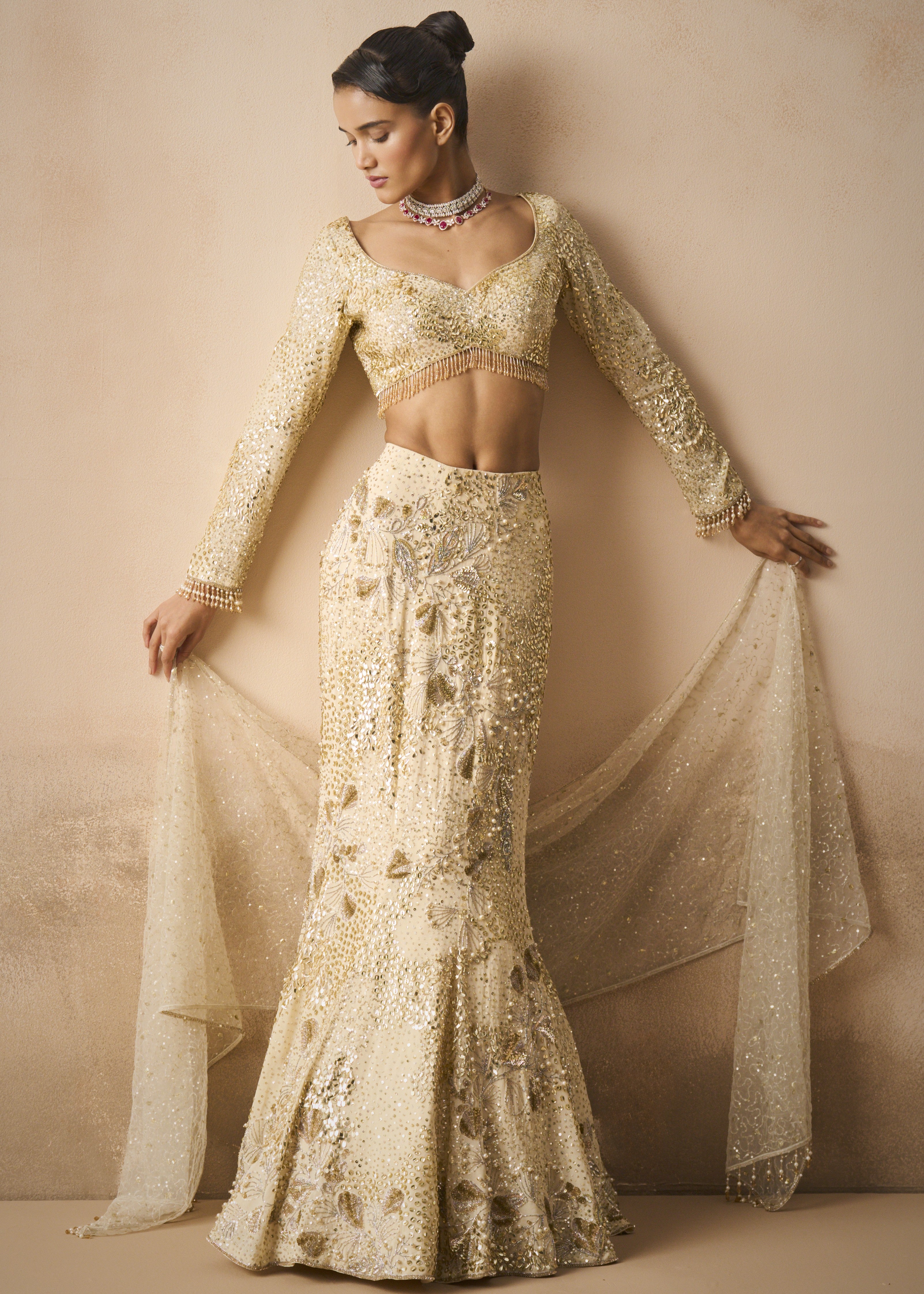 Ivory Georgette Fit And Flare Lehenga Set