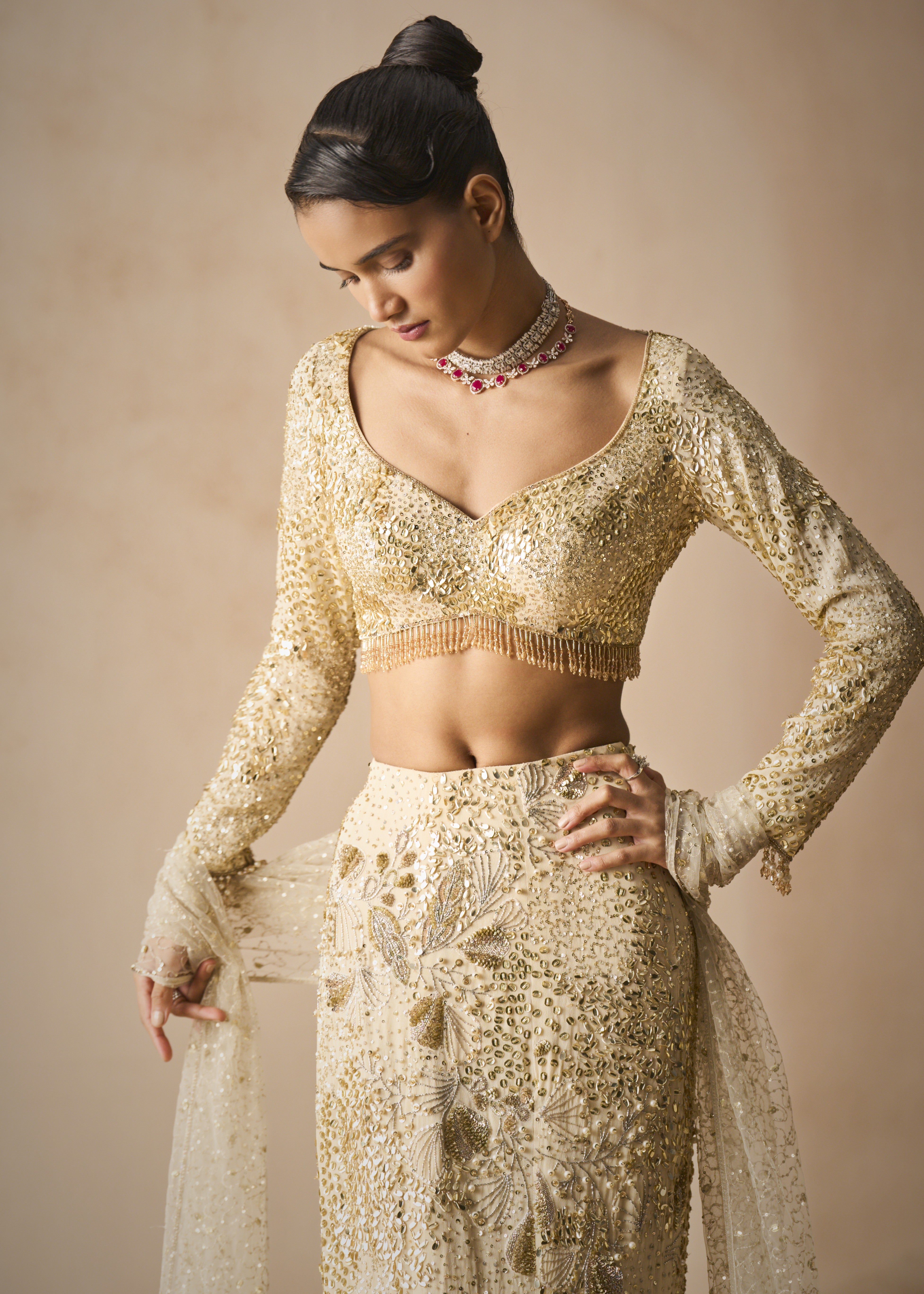 Ivory Georgette Fit And Flare Lehenga Set