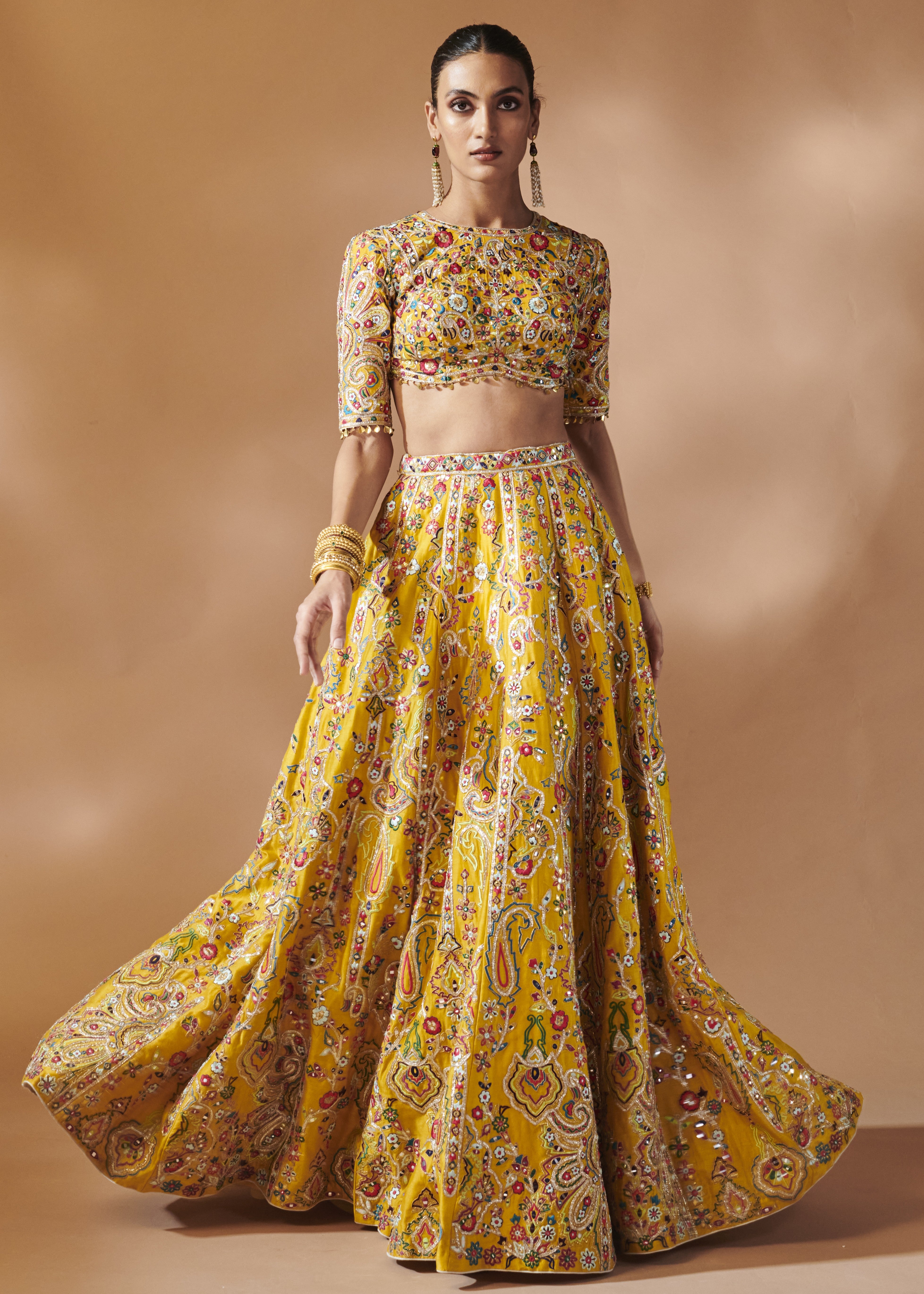Mustard Lehenga Set With Elbow Lengt Sleeves