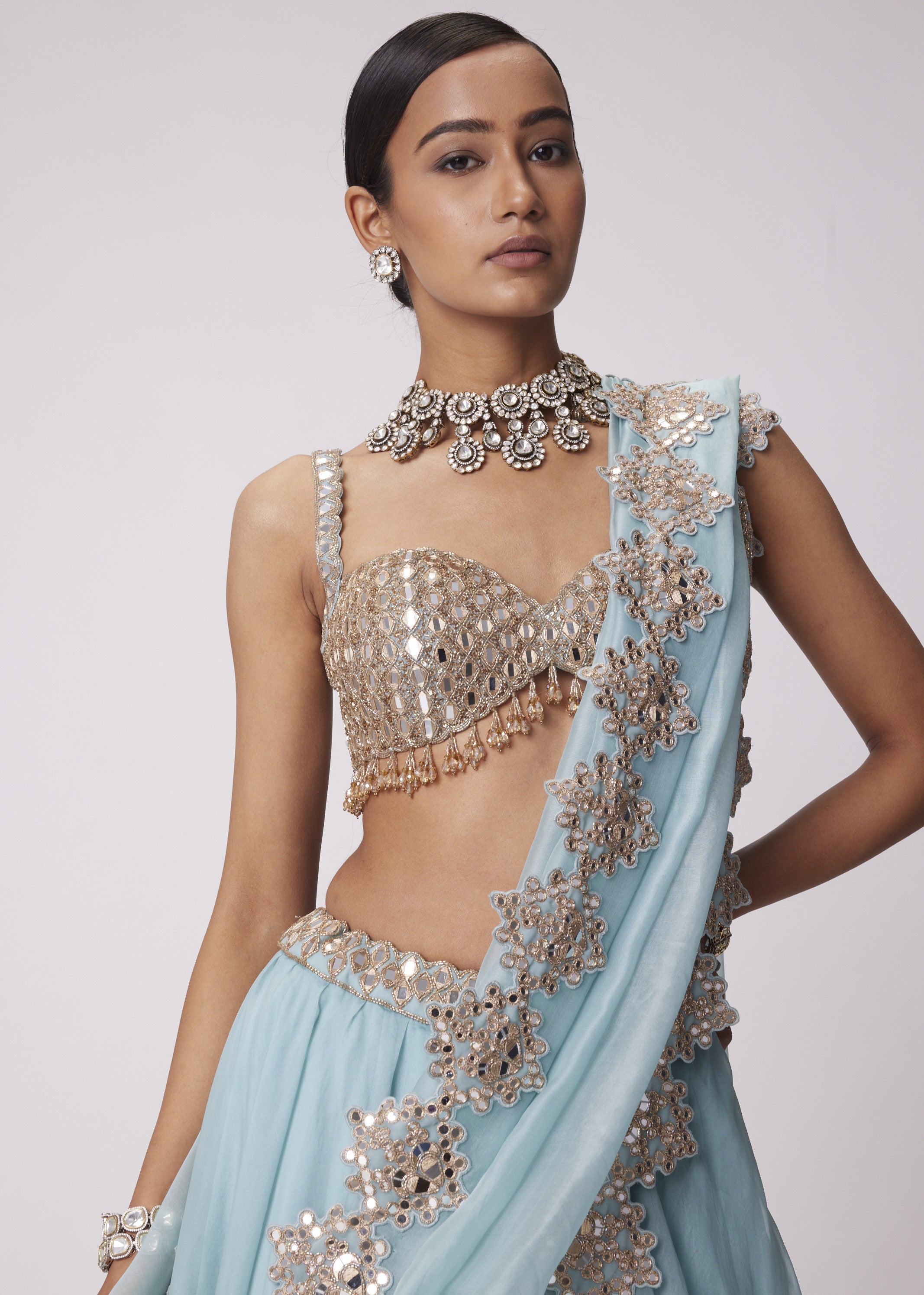 Powder Blue Organza Hand Embroidered Lehenga Set