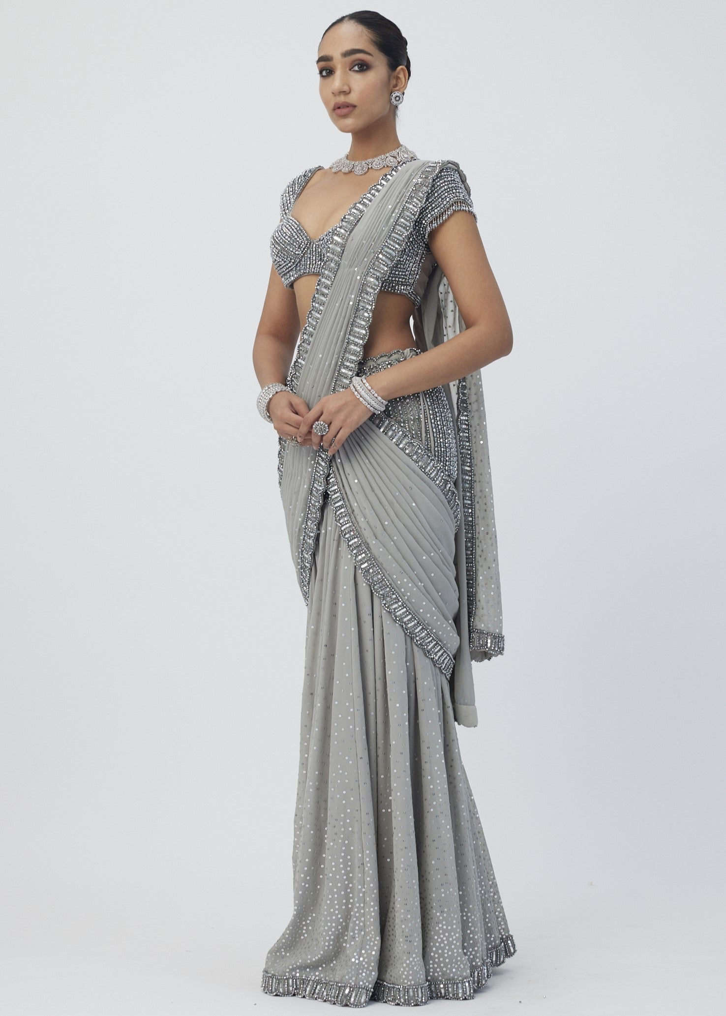 Crystal Grey Pre Draped Sari Set