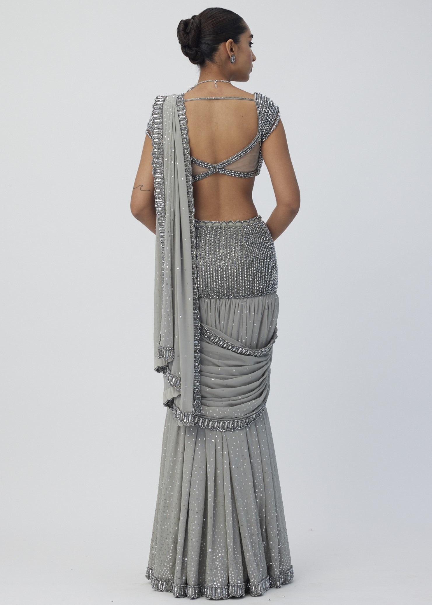 Crystal Grey Pre Draped Sari Set