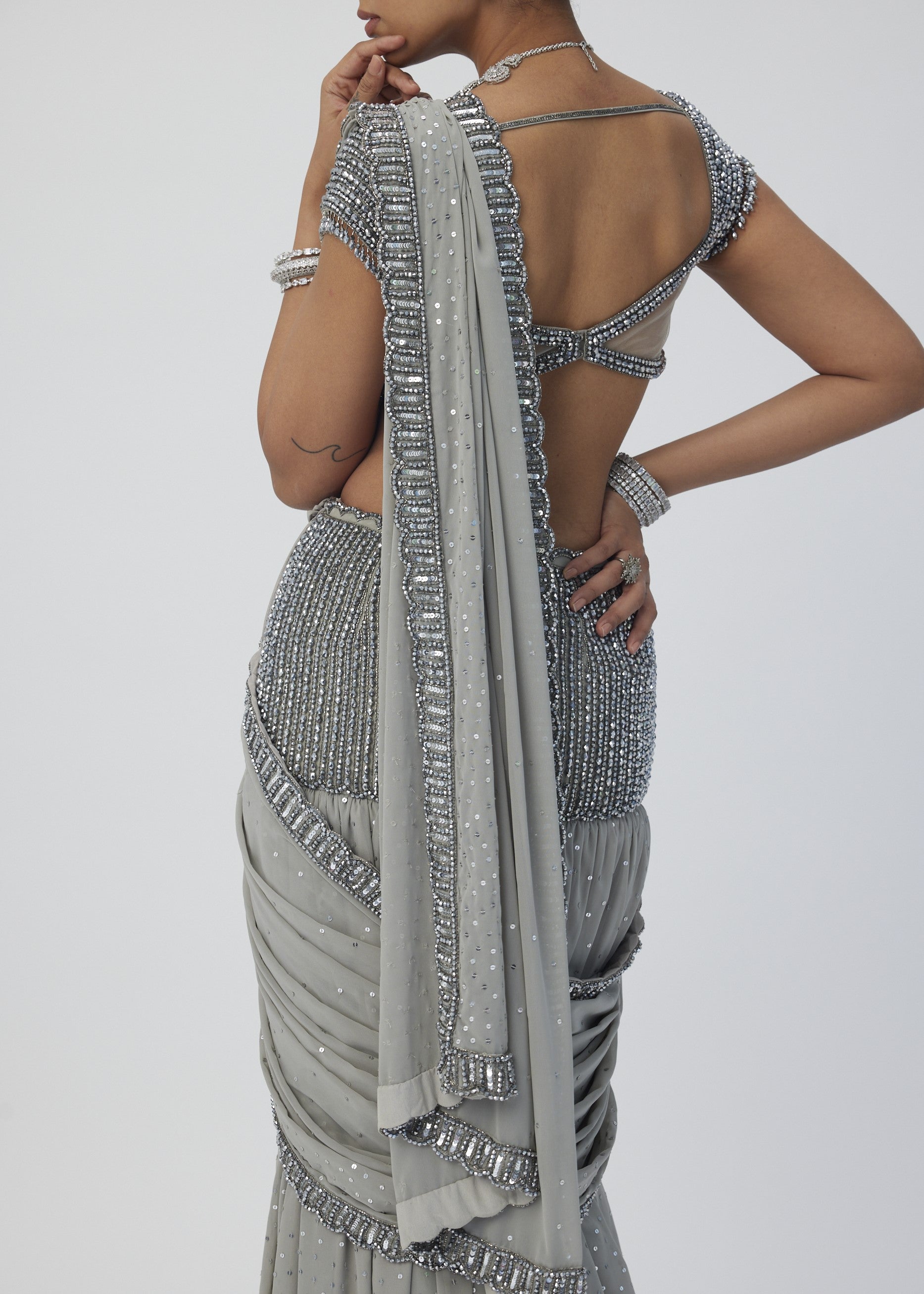Crystal Grey Pre Draped Sari Set