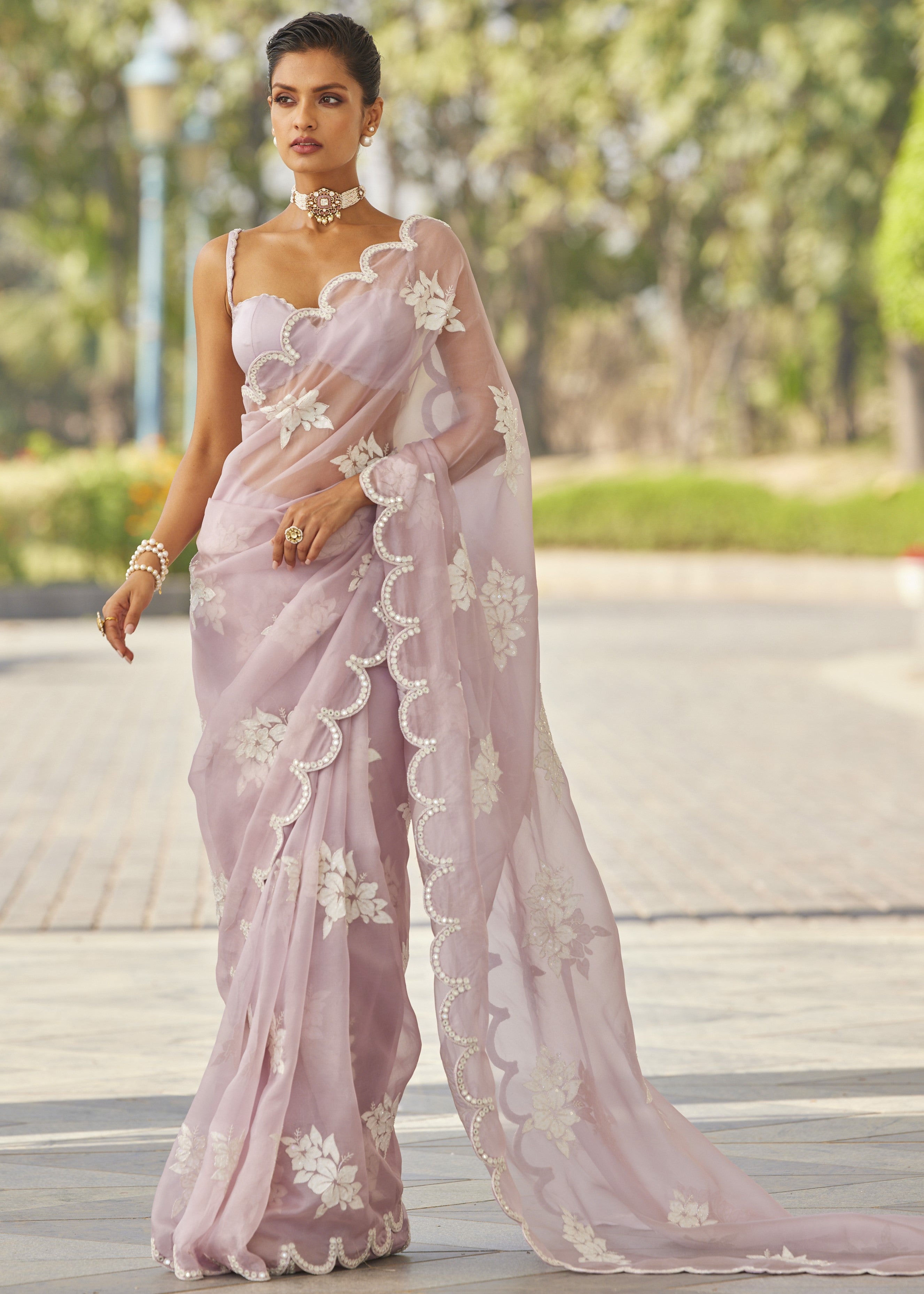 Powder Lilac Flower Sari Set