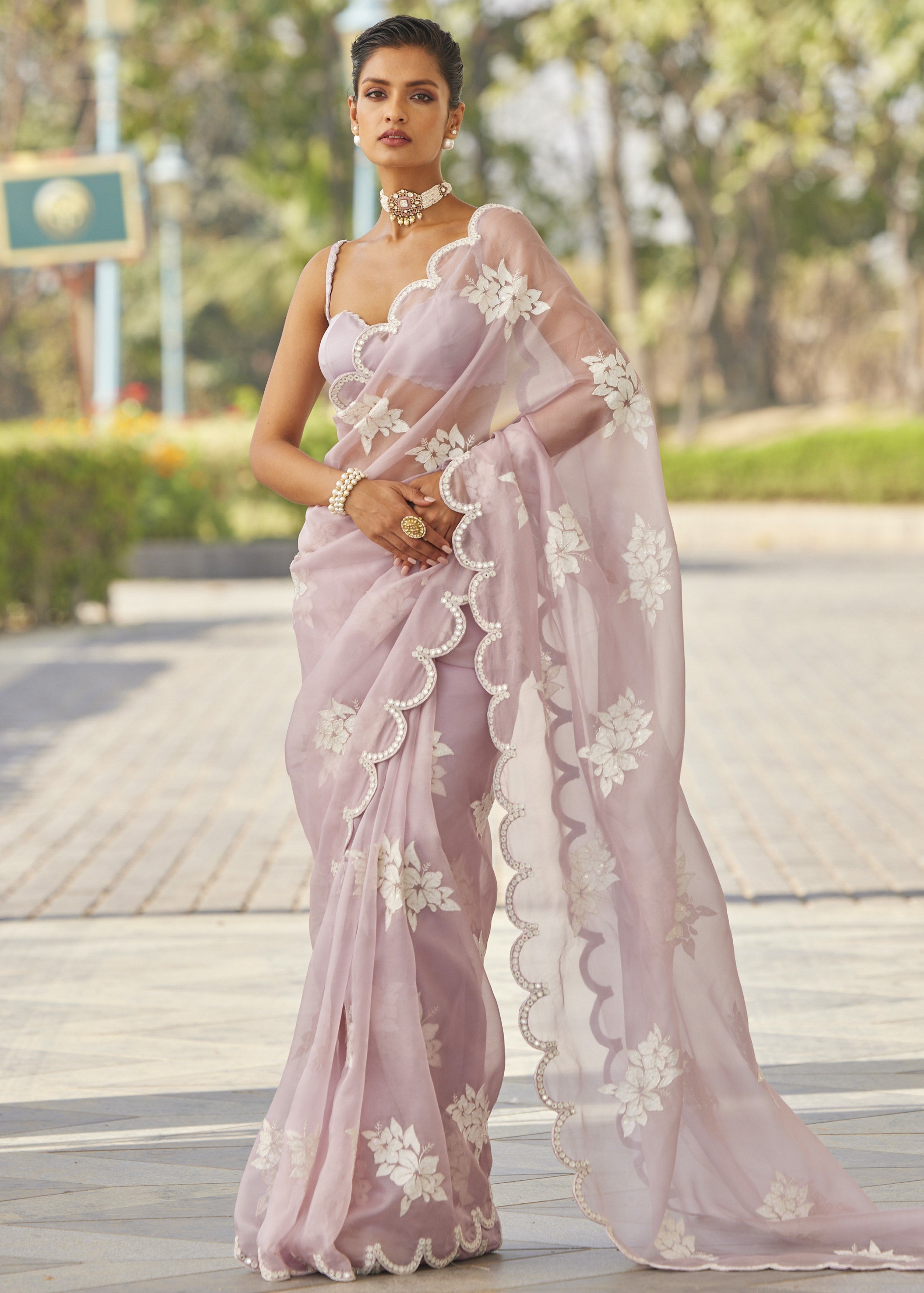 Powder Lilac Flower Sari Set
