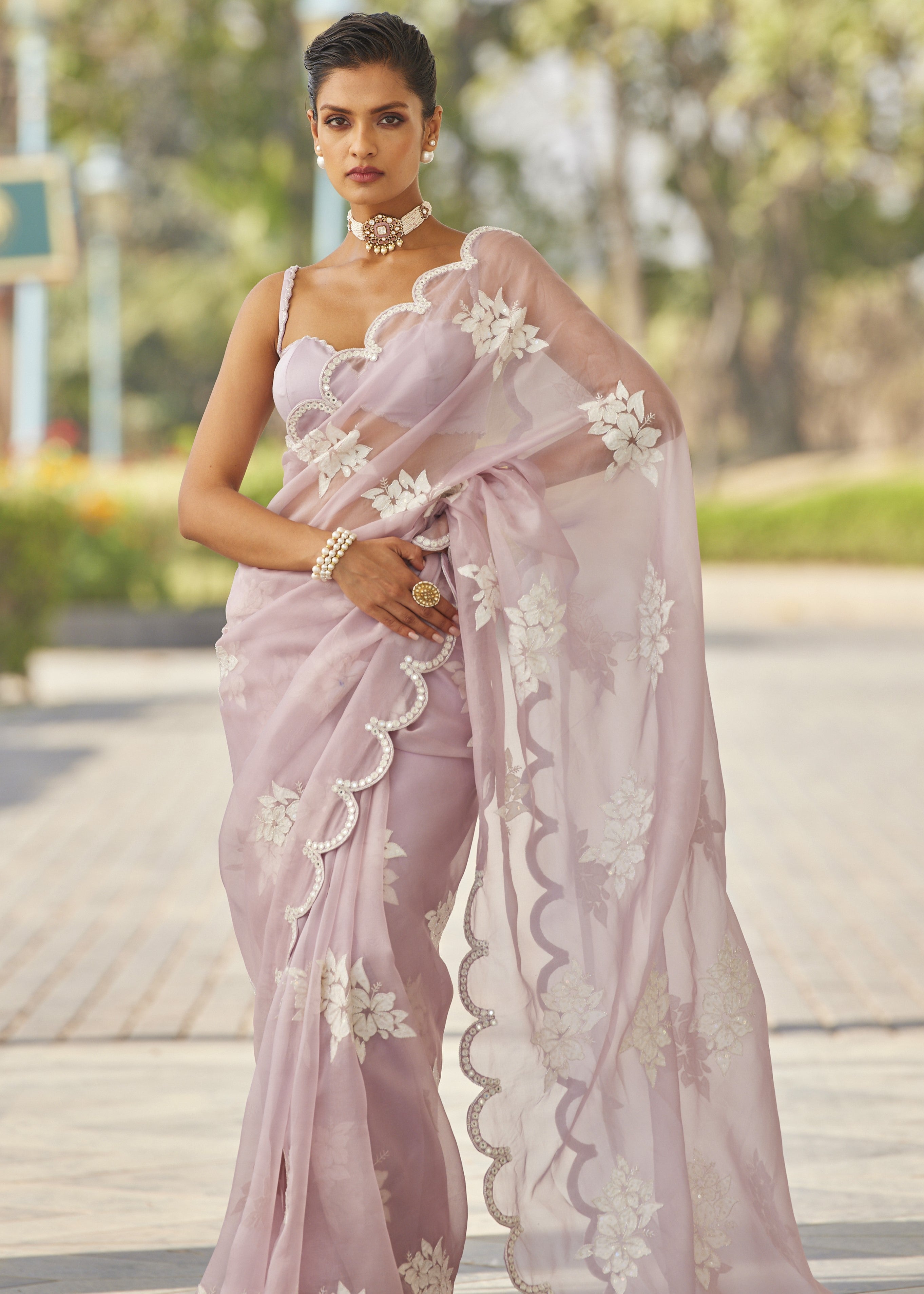 Powder Lilac Flower Sari Set