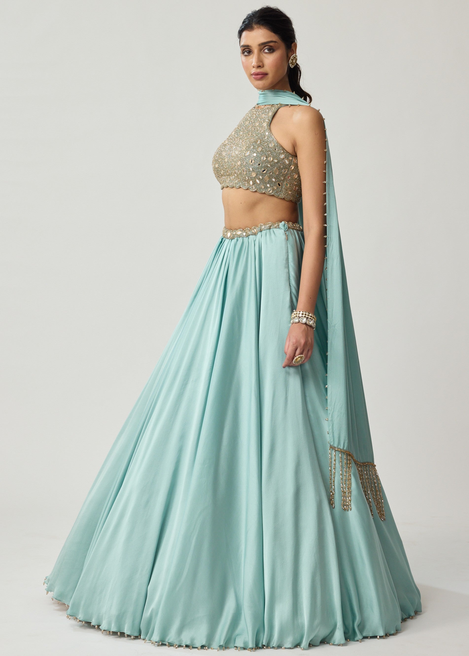 Powder Blue Mirror Satin Skirt Set