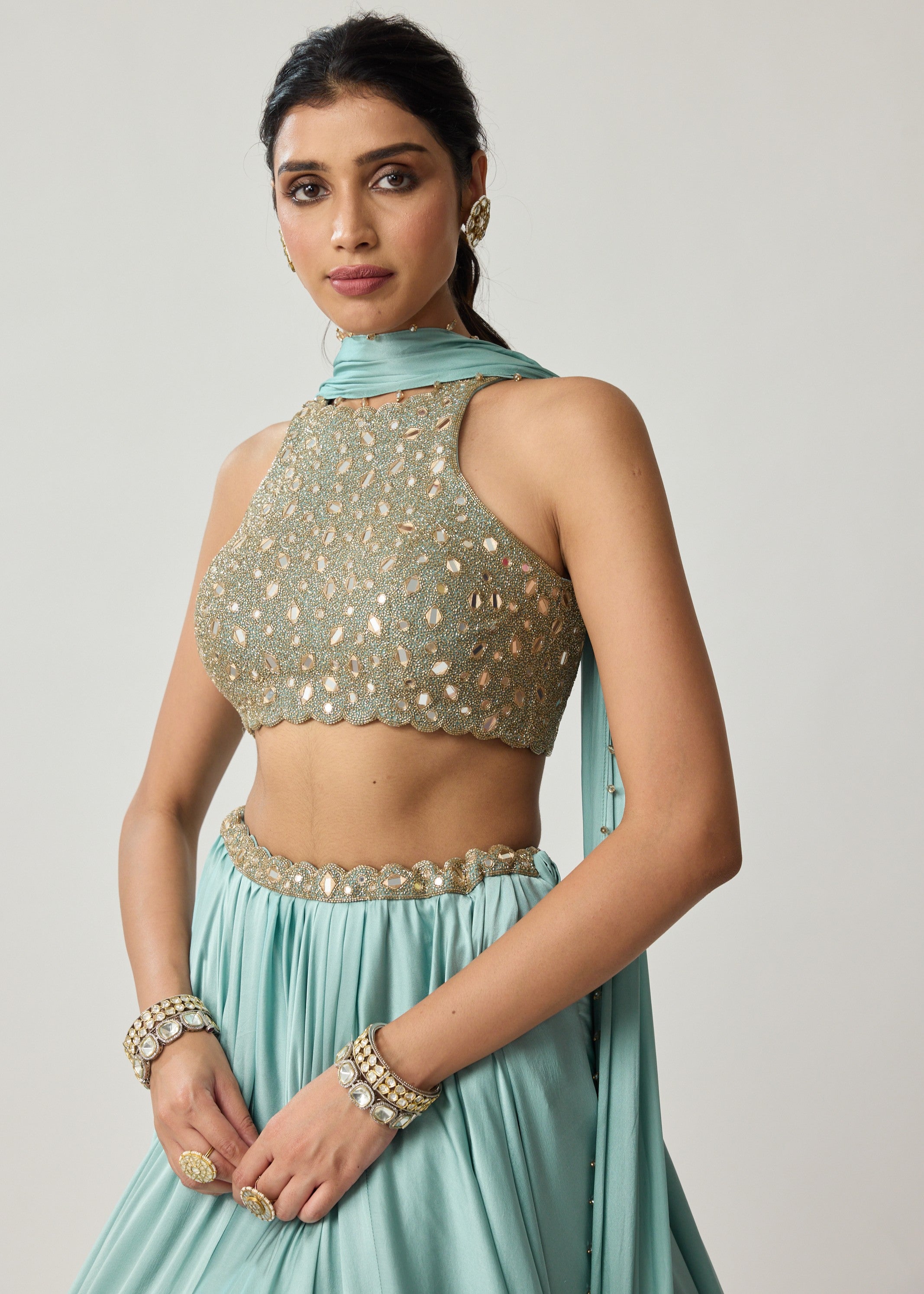 Powder Blue Mirror Satin Skirt Set