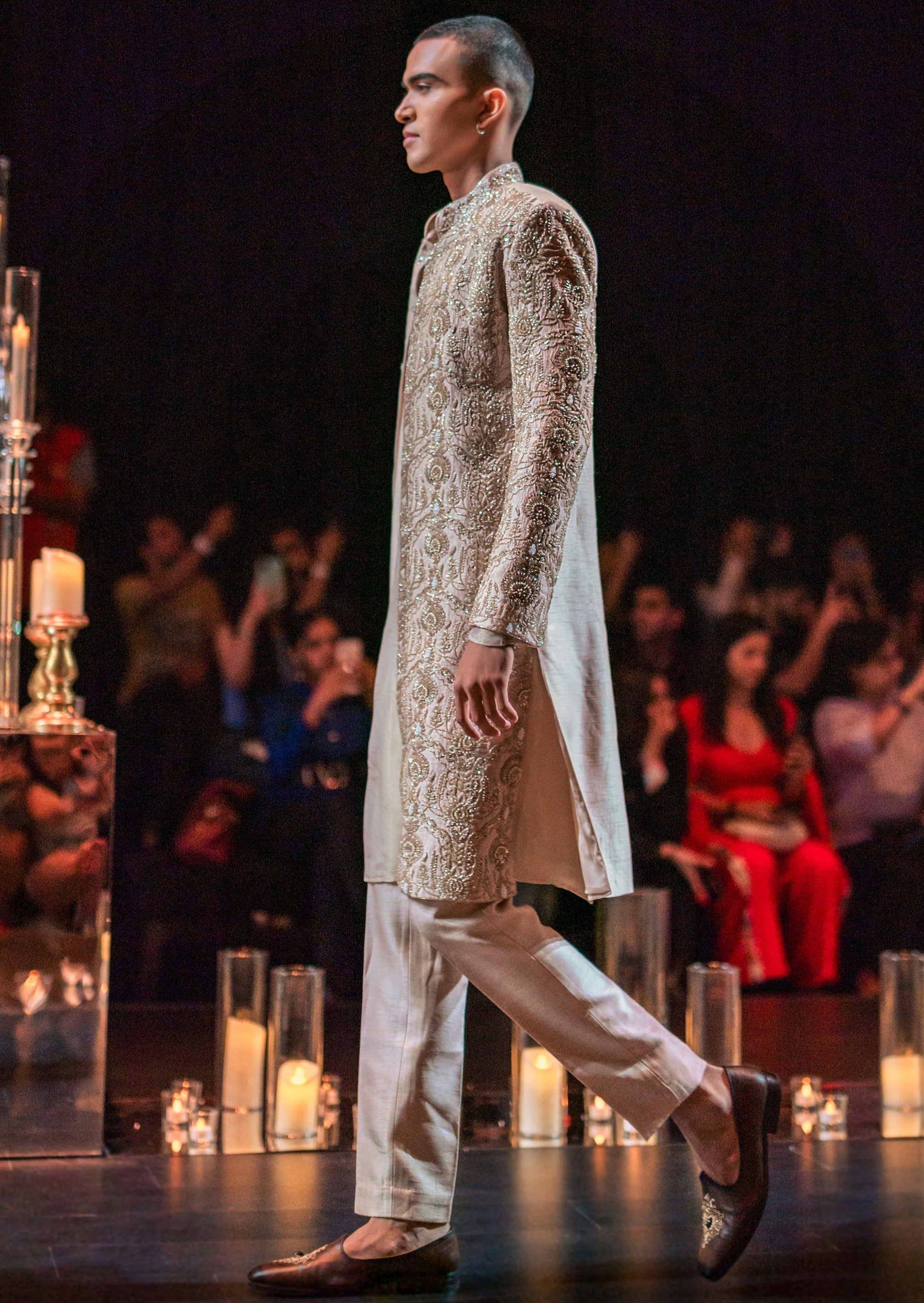 Beige Gold Hand Embroidered Sherwani Set