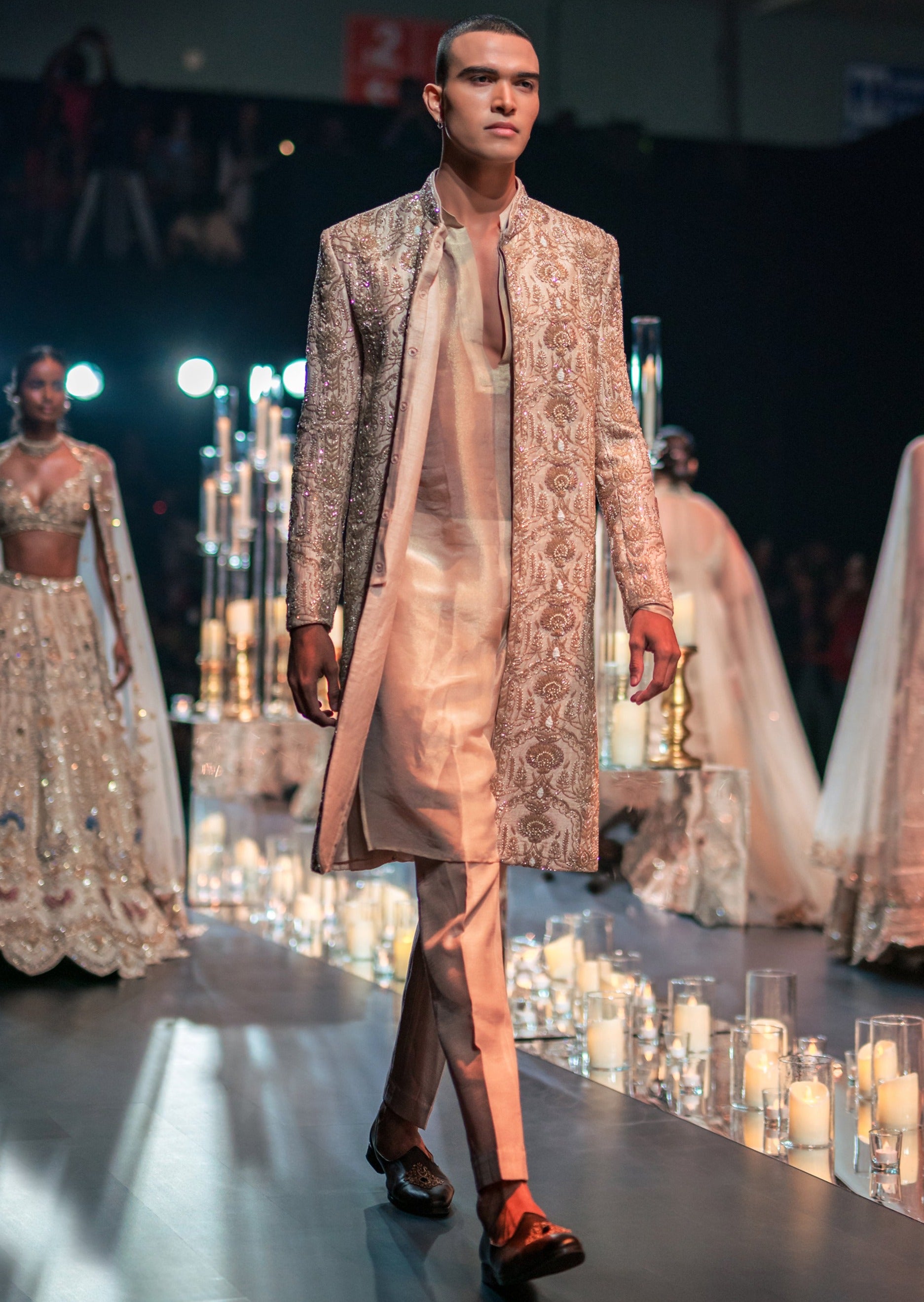 Beige Gold Hand Embroidered Sherwani Set