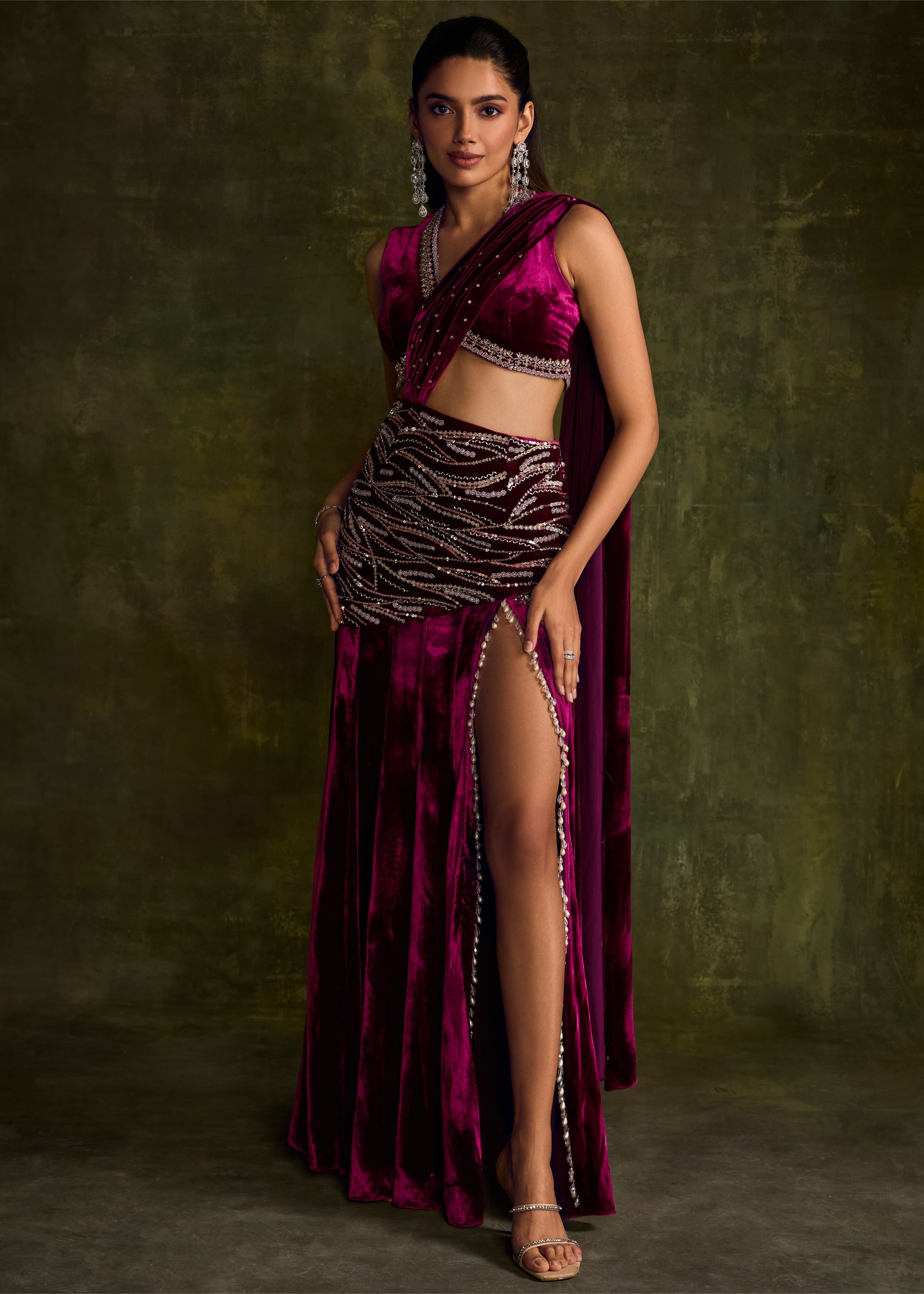 Mulberry Velvet Slit Pre-Draped Sari
