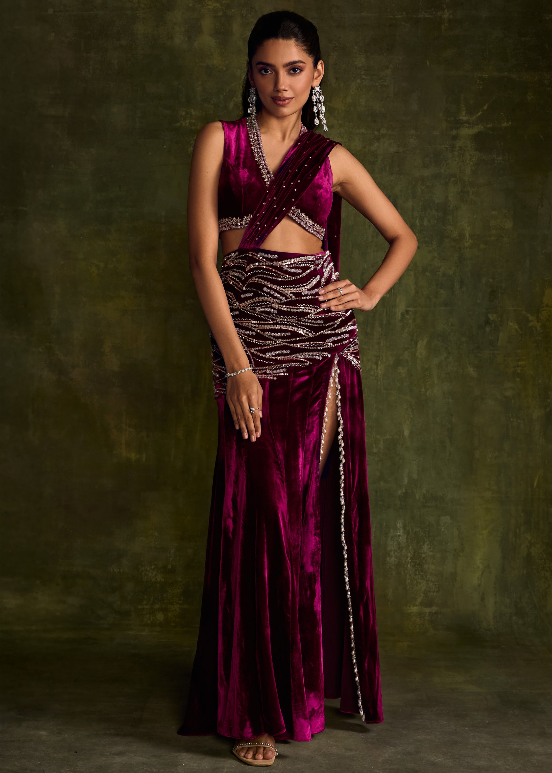 Mulberry Velvet Slit Pre-Draped Sari