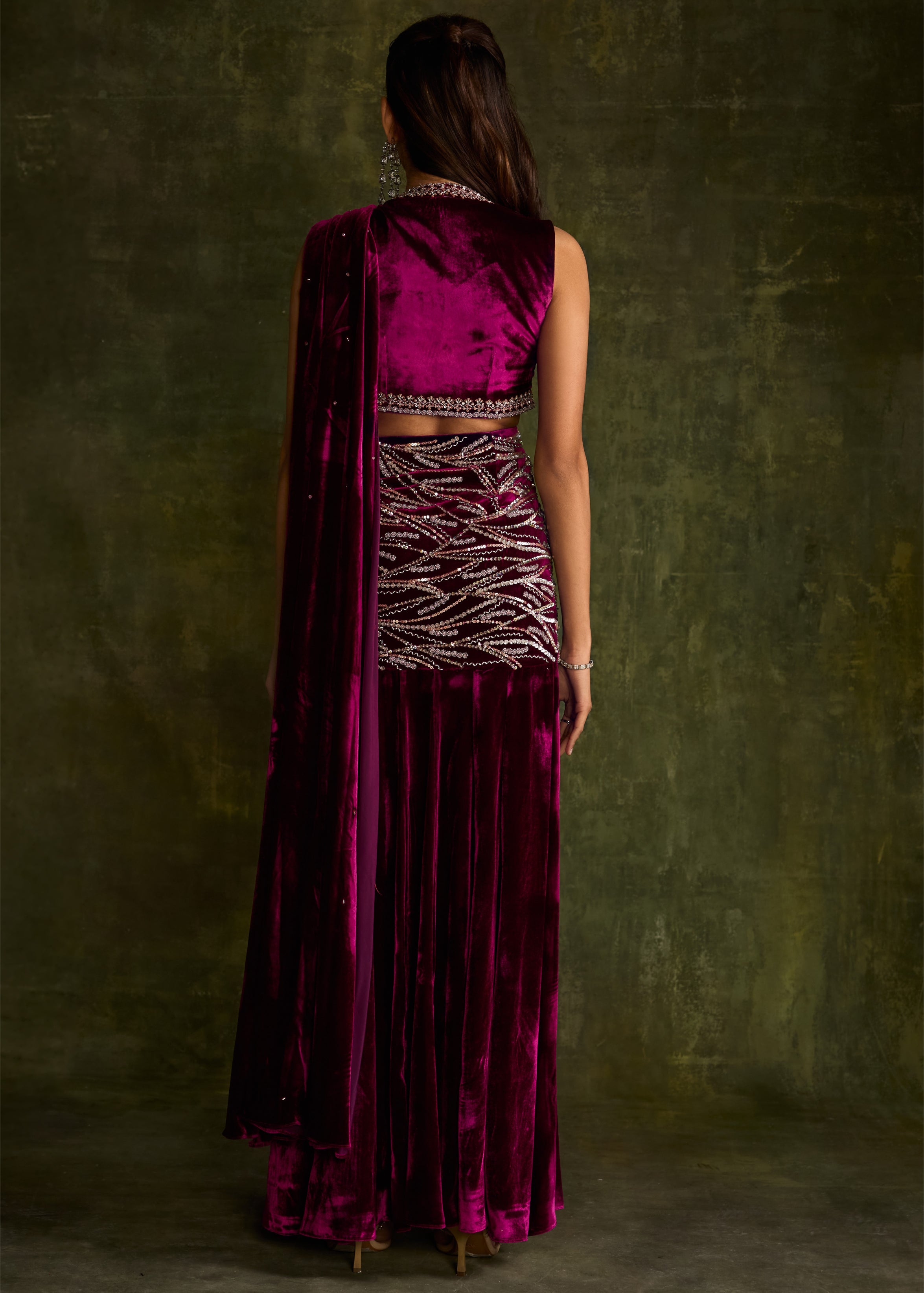 Mulberry Velvet Slit Pre-Draped Sari