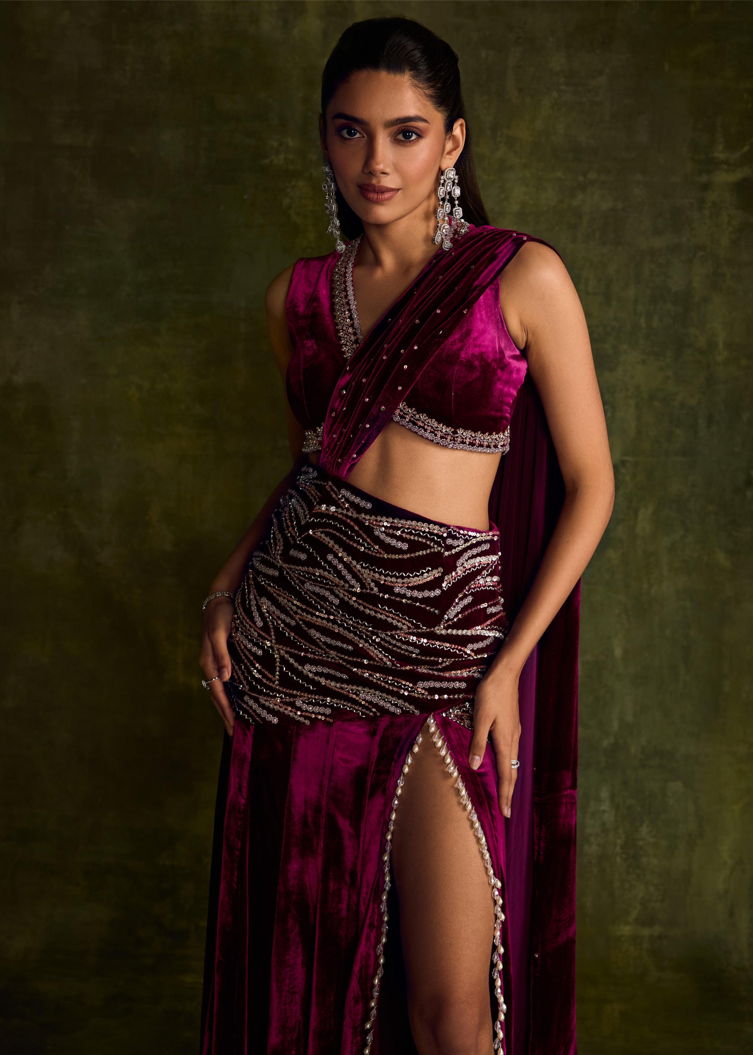 Mulberry Velvet Slit Pre-Draped Sari