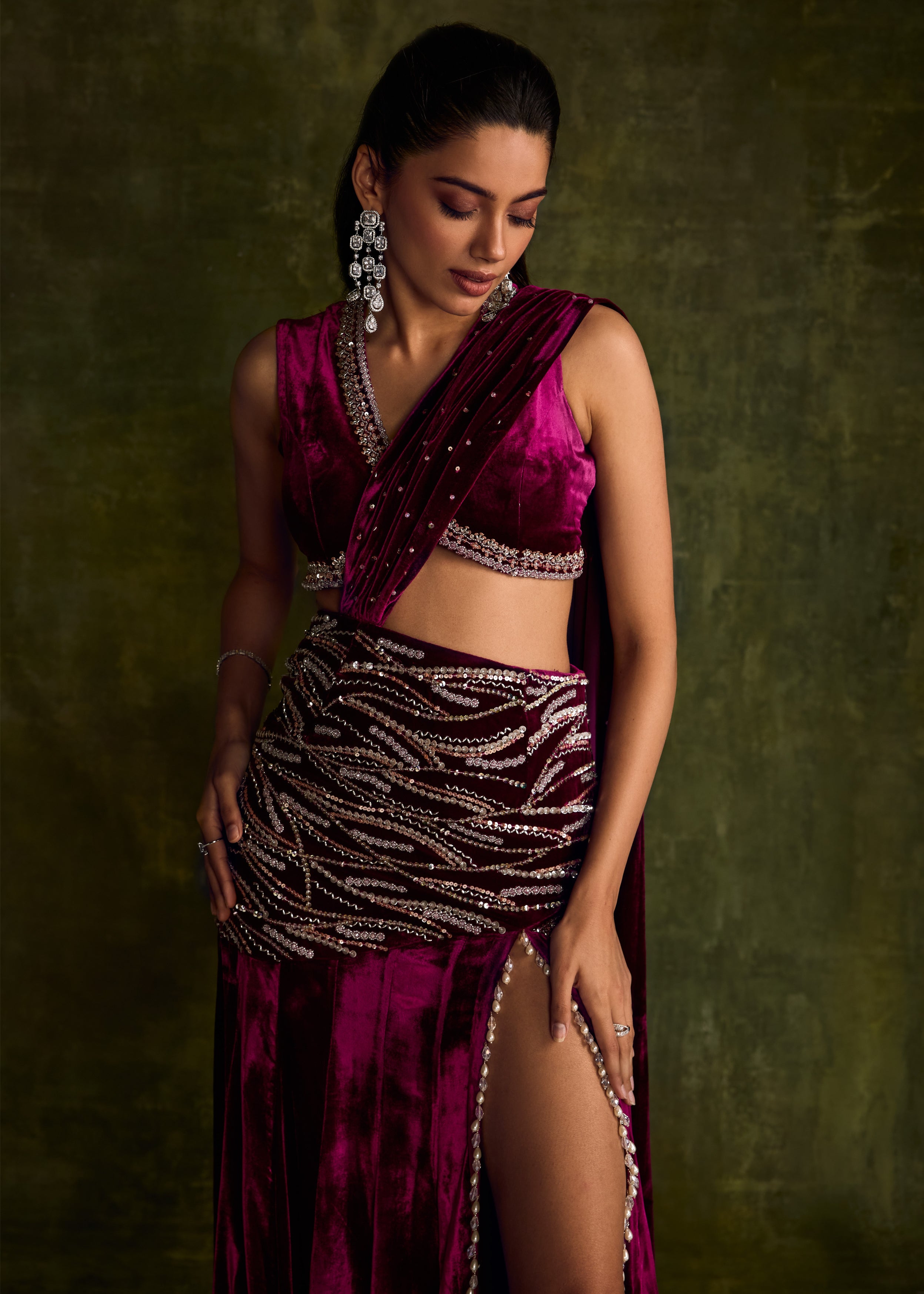 Mulberry Velvet Slit Pre-Draped Sari