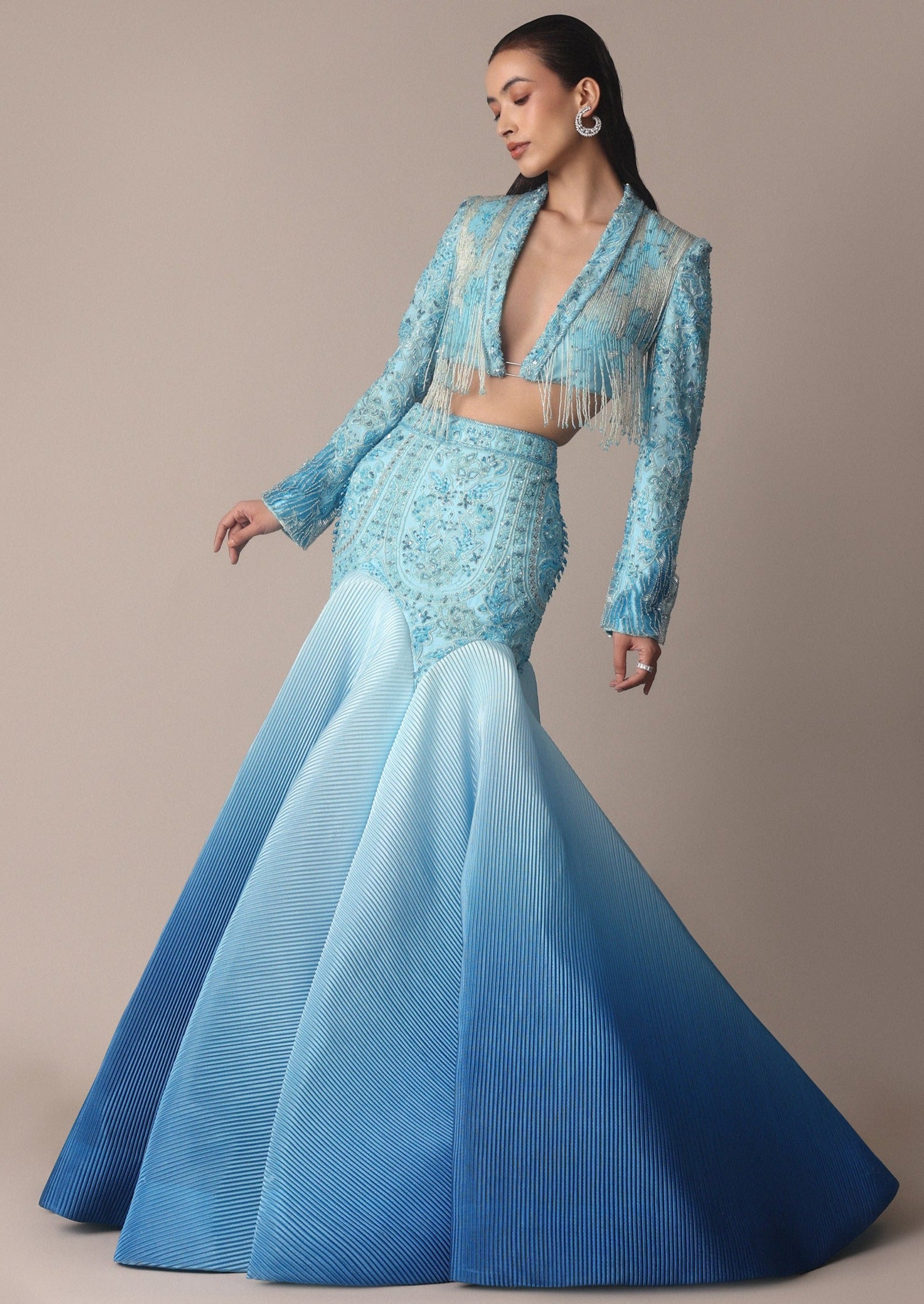 Blue Ombre Organza Fishcut Skirt With Tassel Short Jacket Blue / S