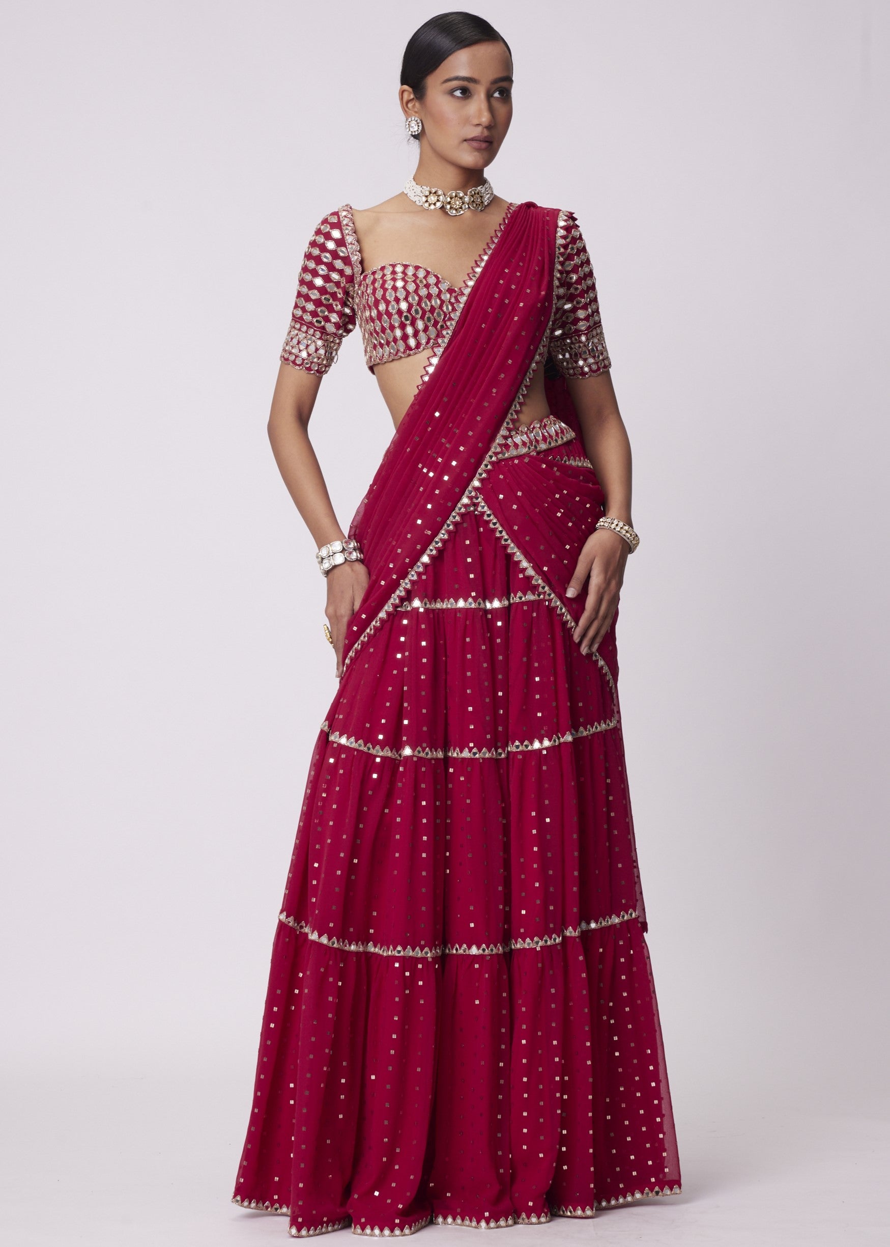 Crimson Red Multi- Tier Sari Set