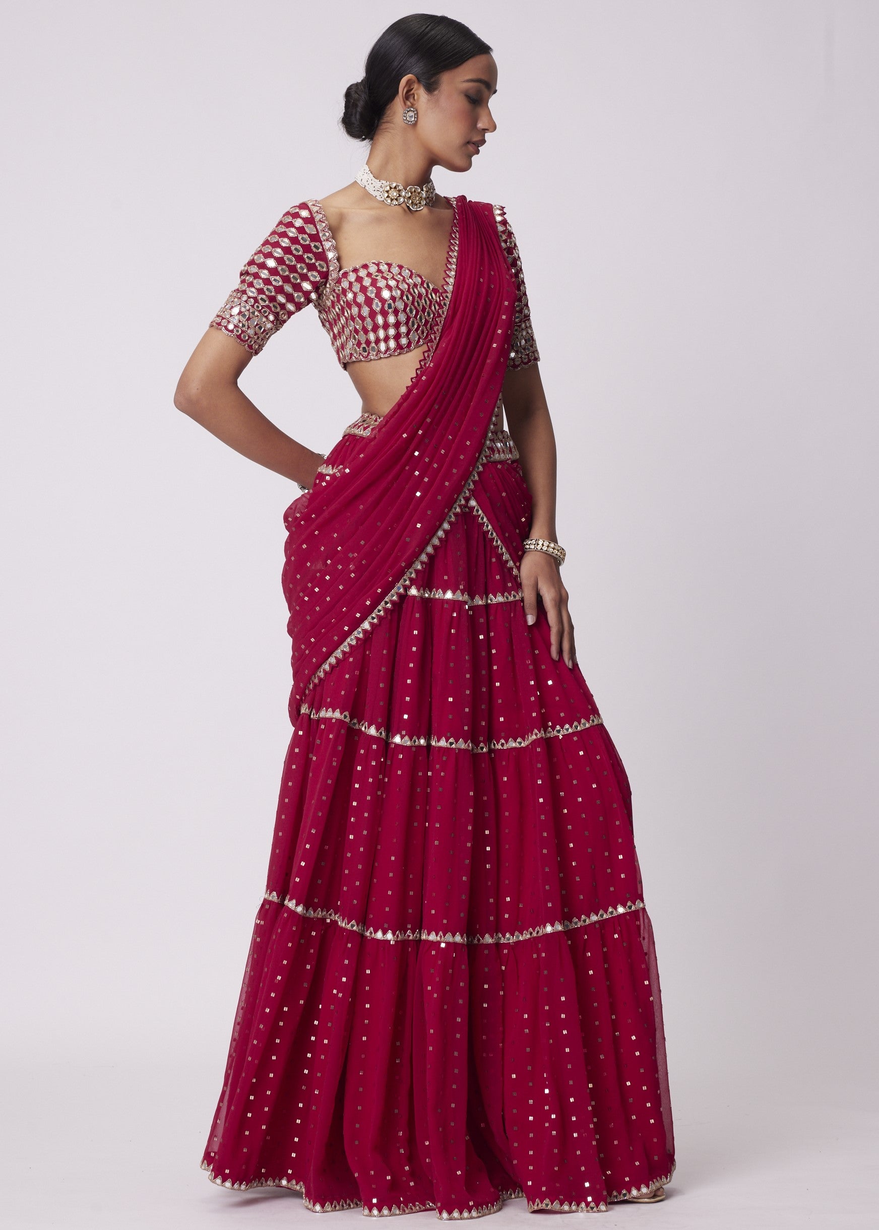 Crimson Red Multi- Tier Sari Set