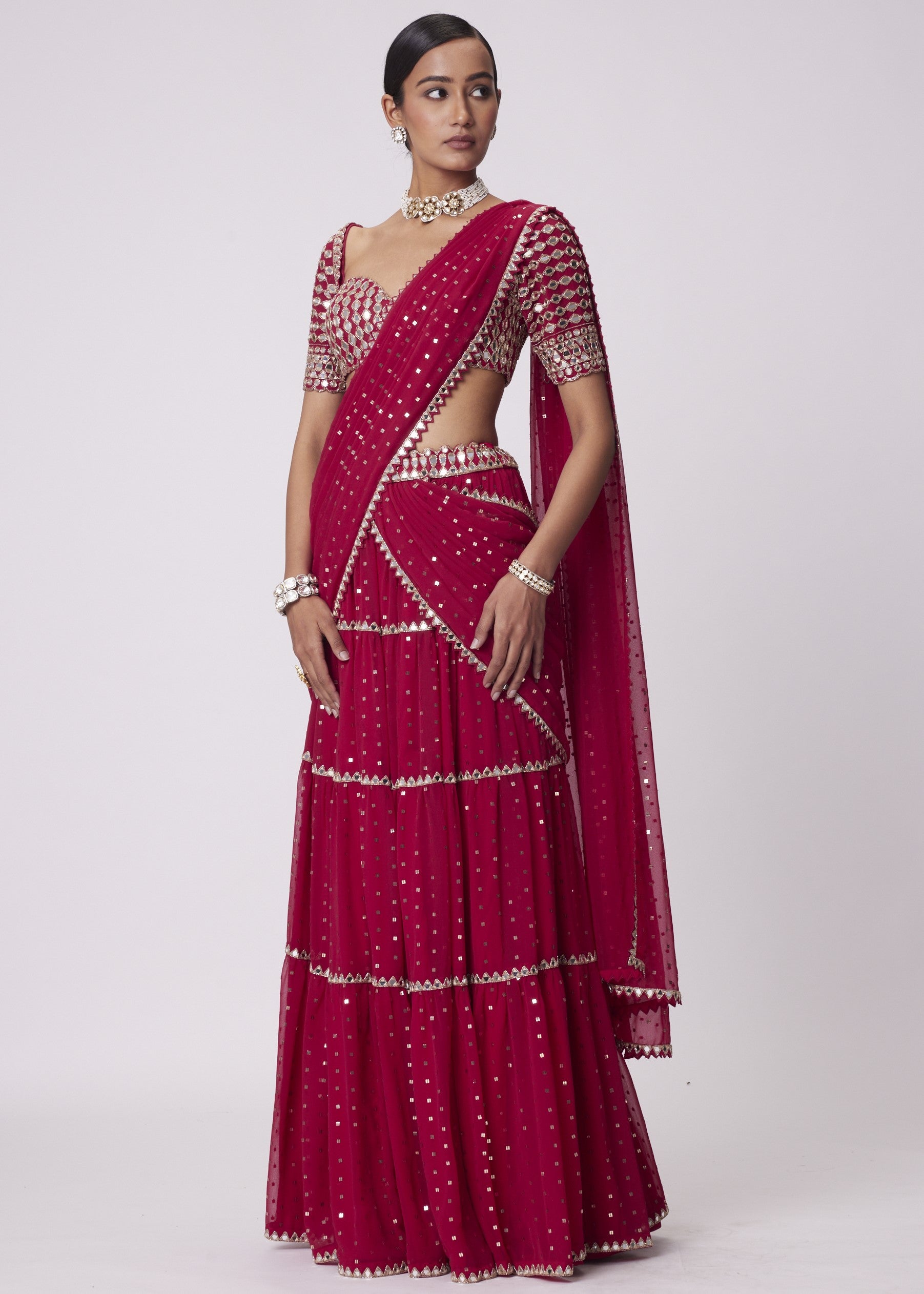 Crimson Red Multi- Tier Sari Set