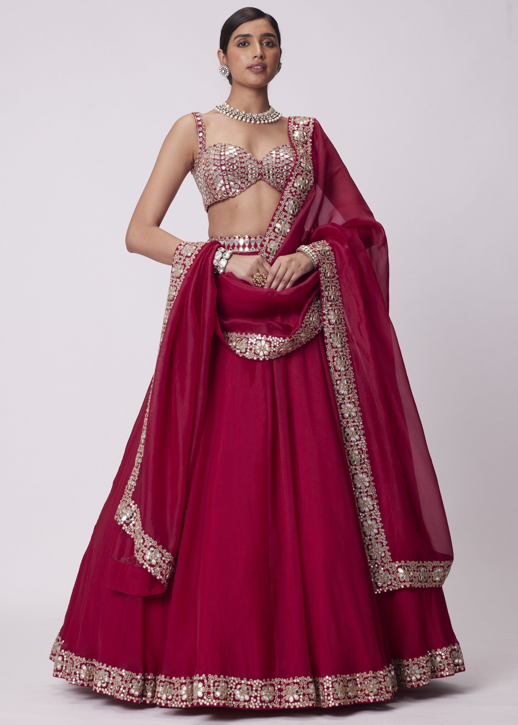 Crimson Red Mirror Embroidered Lehenga Set