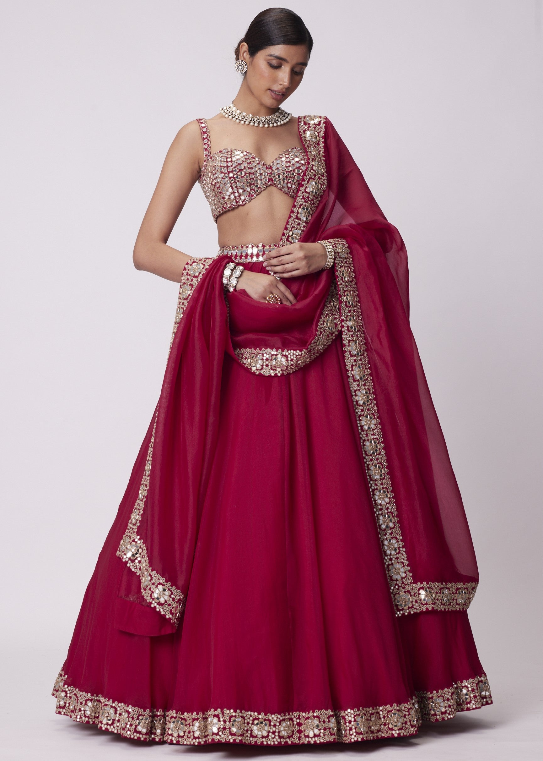 Crimson Red Mirror Embroidered Lehenga Set