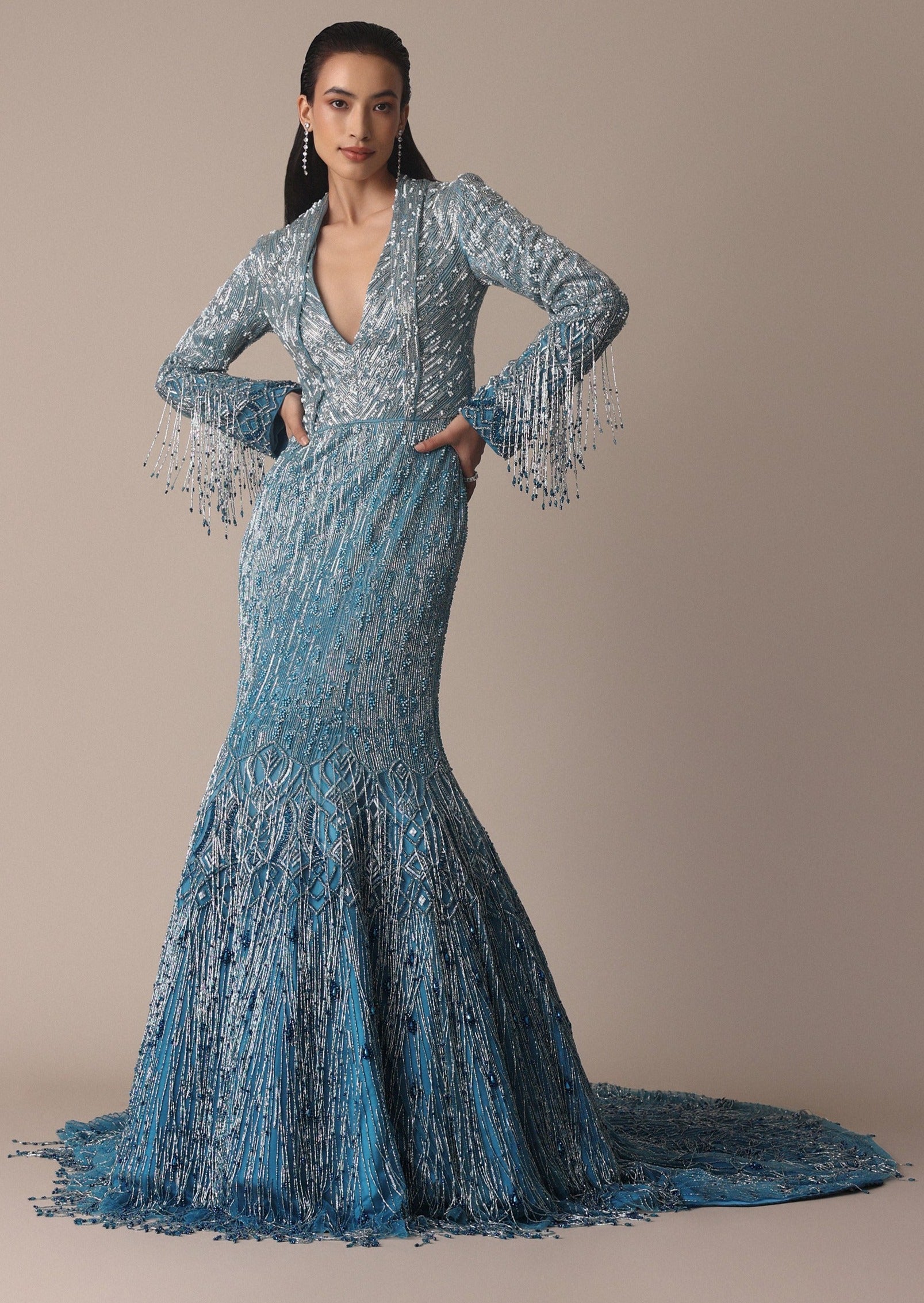 Blue Fish Cut Ombre Trail Embroidered Gown Blue Fish Cut Ombre Trail Embroidered Gown