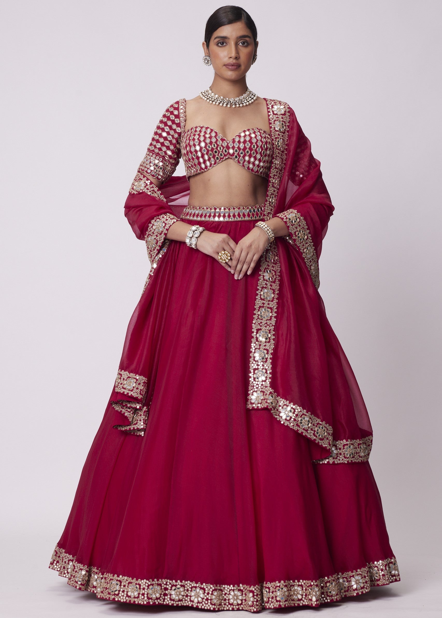 Crimson Red Organza Mirror Lehenga Set
