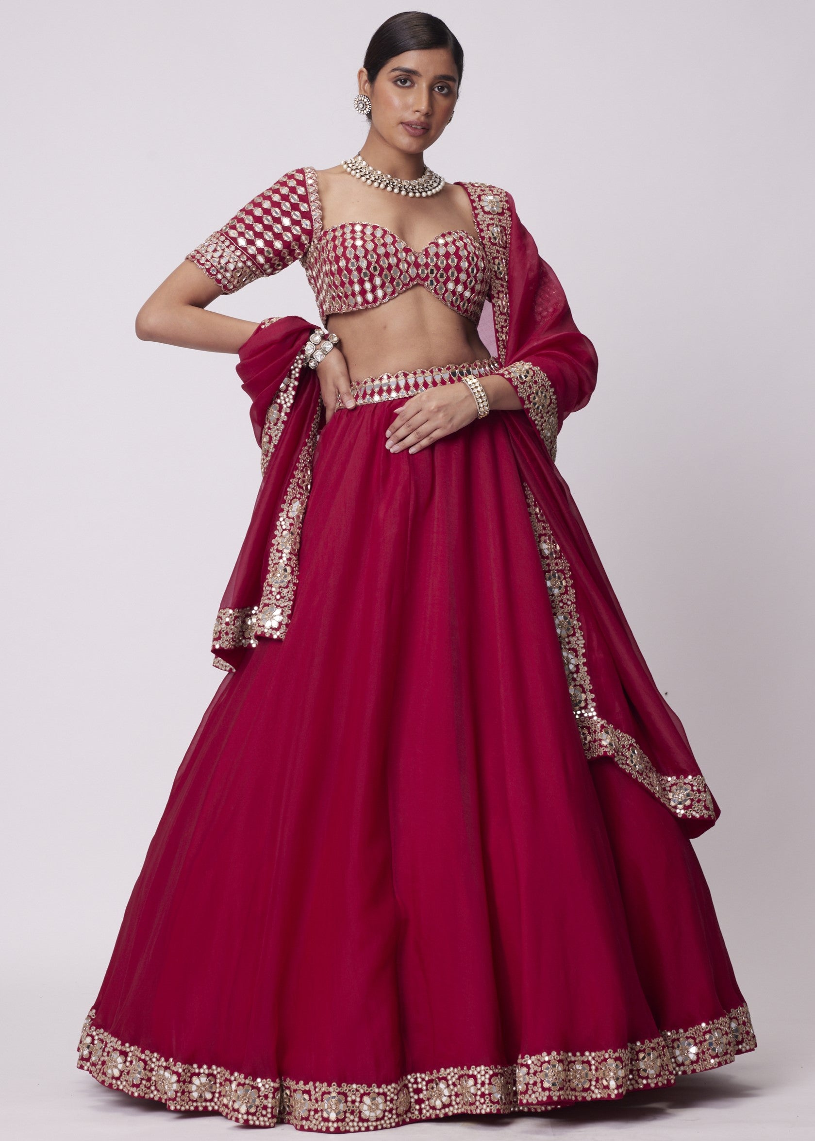 Crimson Red Organza Mirror Lehenga Set