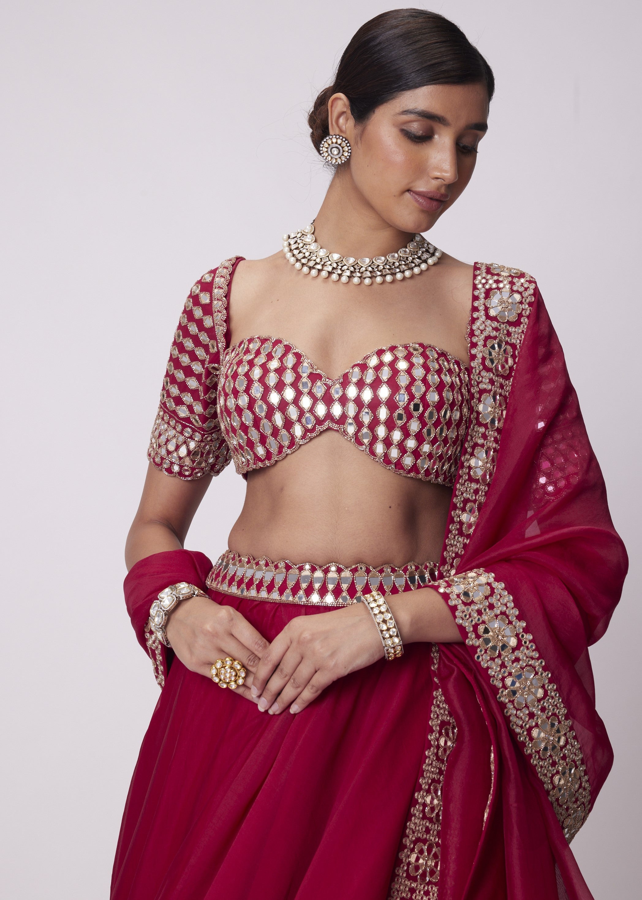 Crimson Red Organza Mirror Lehenga Set