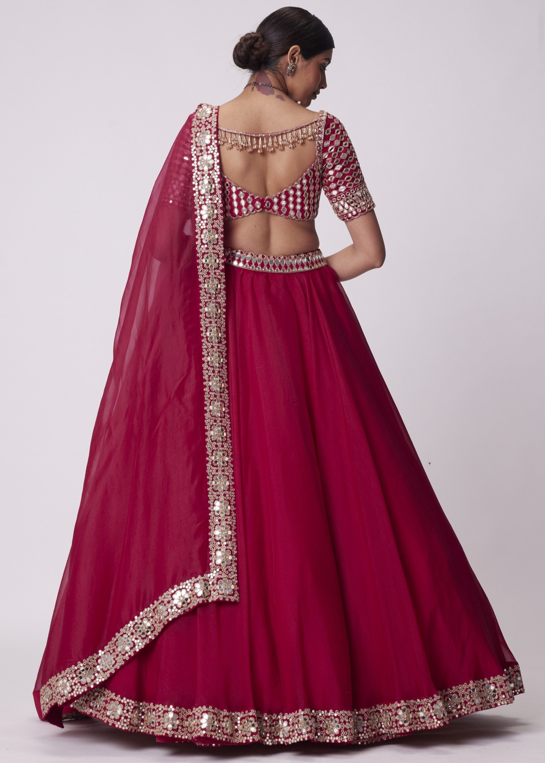 Crimson Red Organza Mirror Lehenga Set