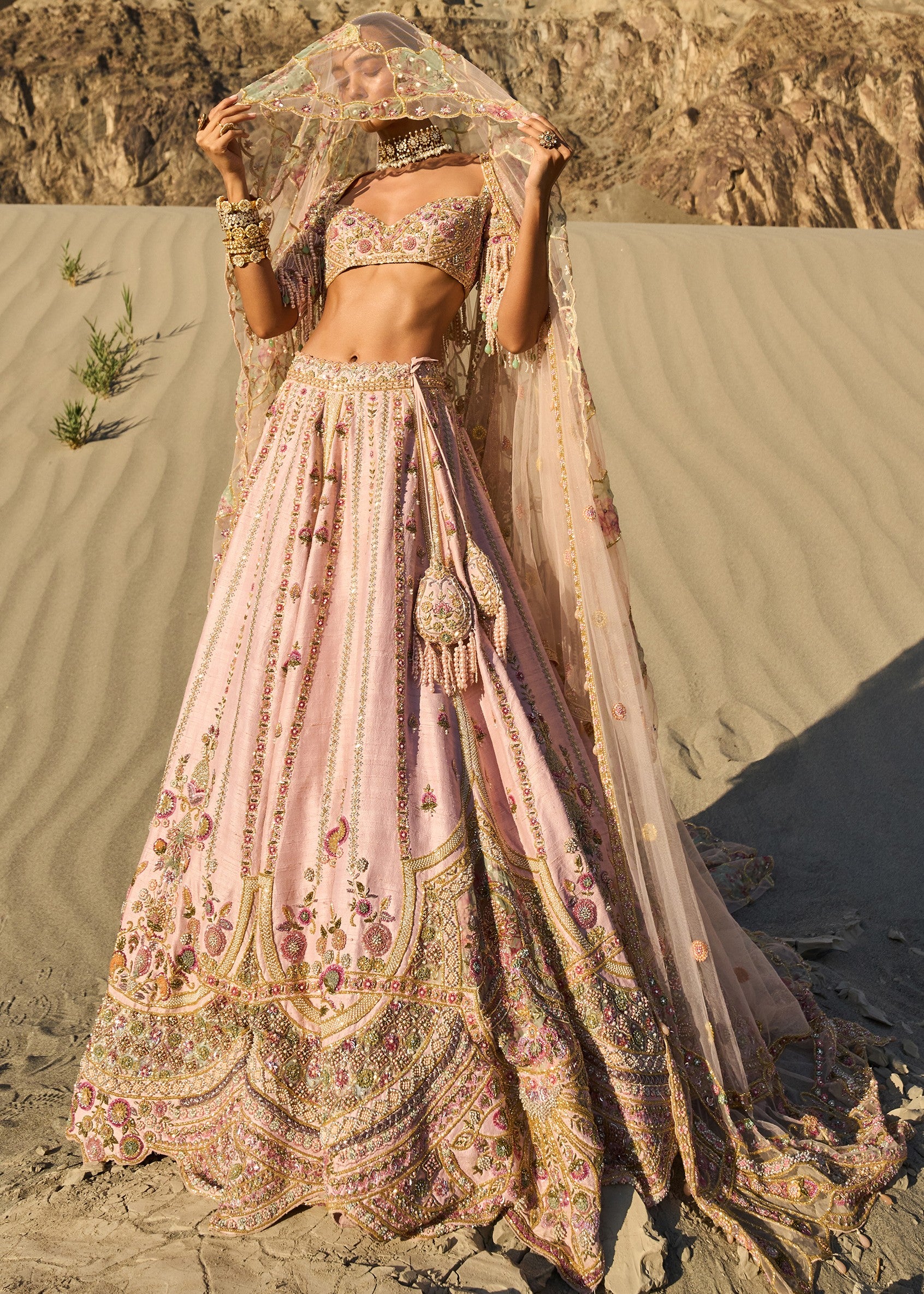 Pink Embroidered Butti Work Bridal Lehenga