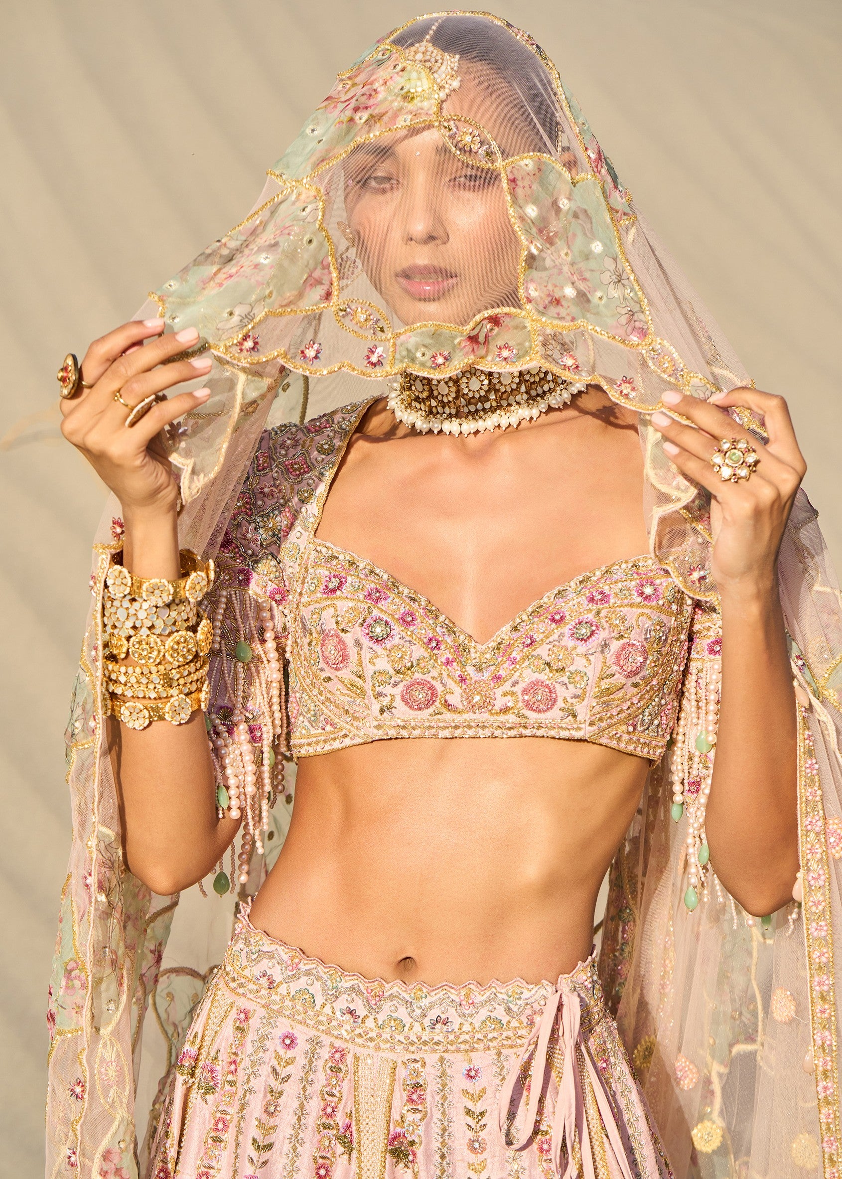 Pink Embroidered Butti Work Bridal Lehenga