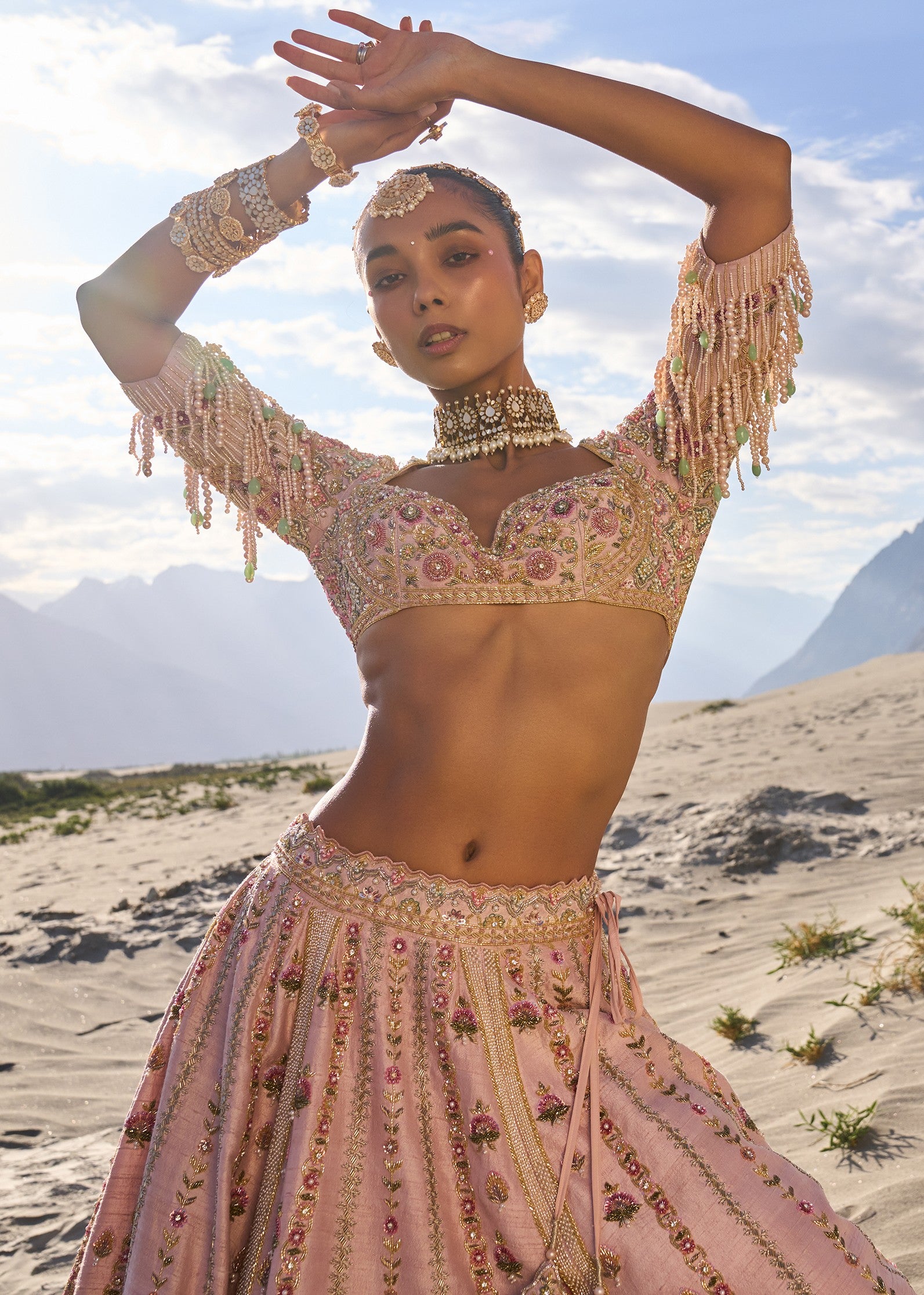 Pink Embroidered Butti Work Bridal Lehenga