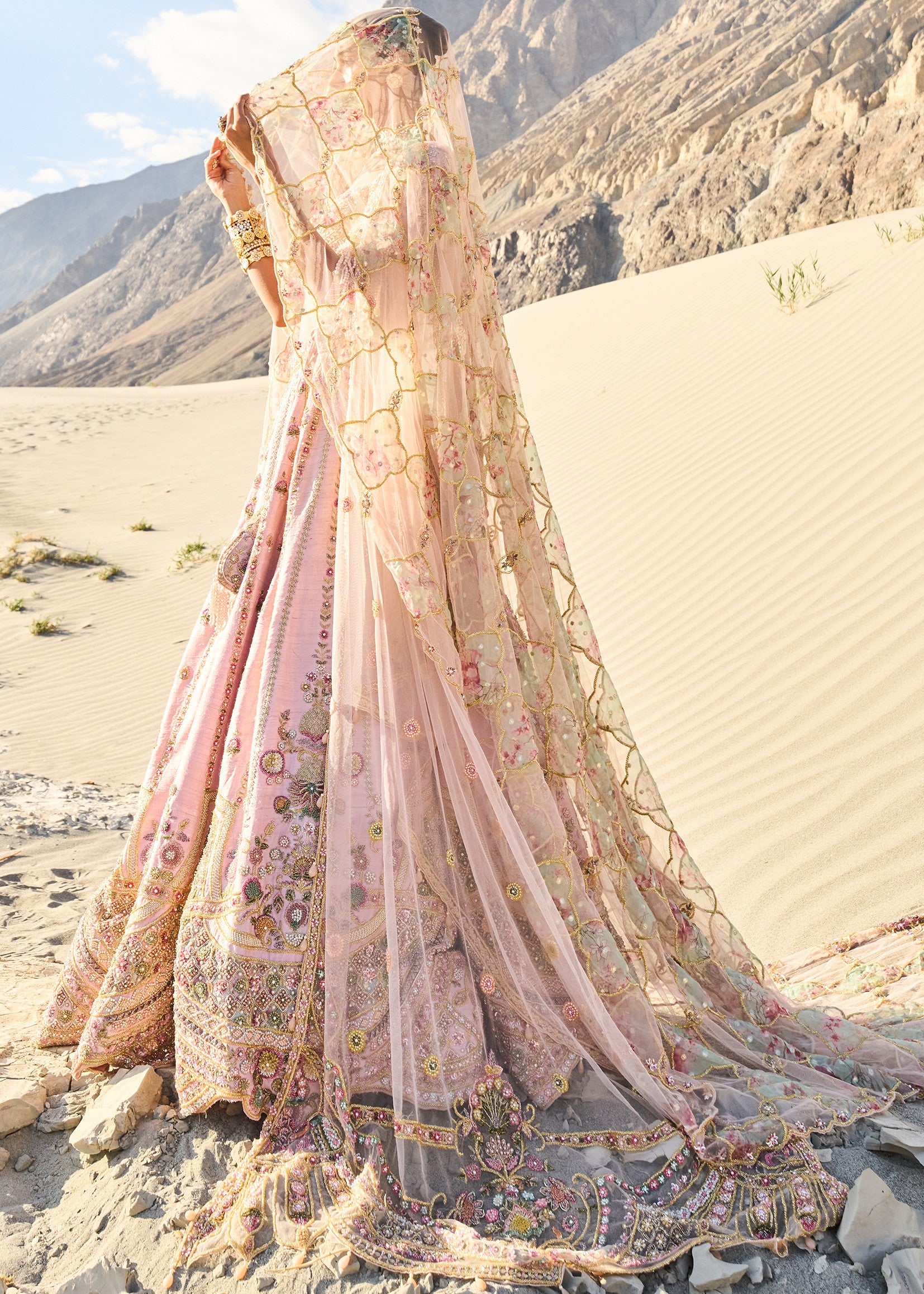 Pink Embroidered Butti Work Bridal Lehenga