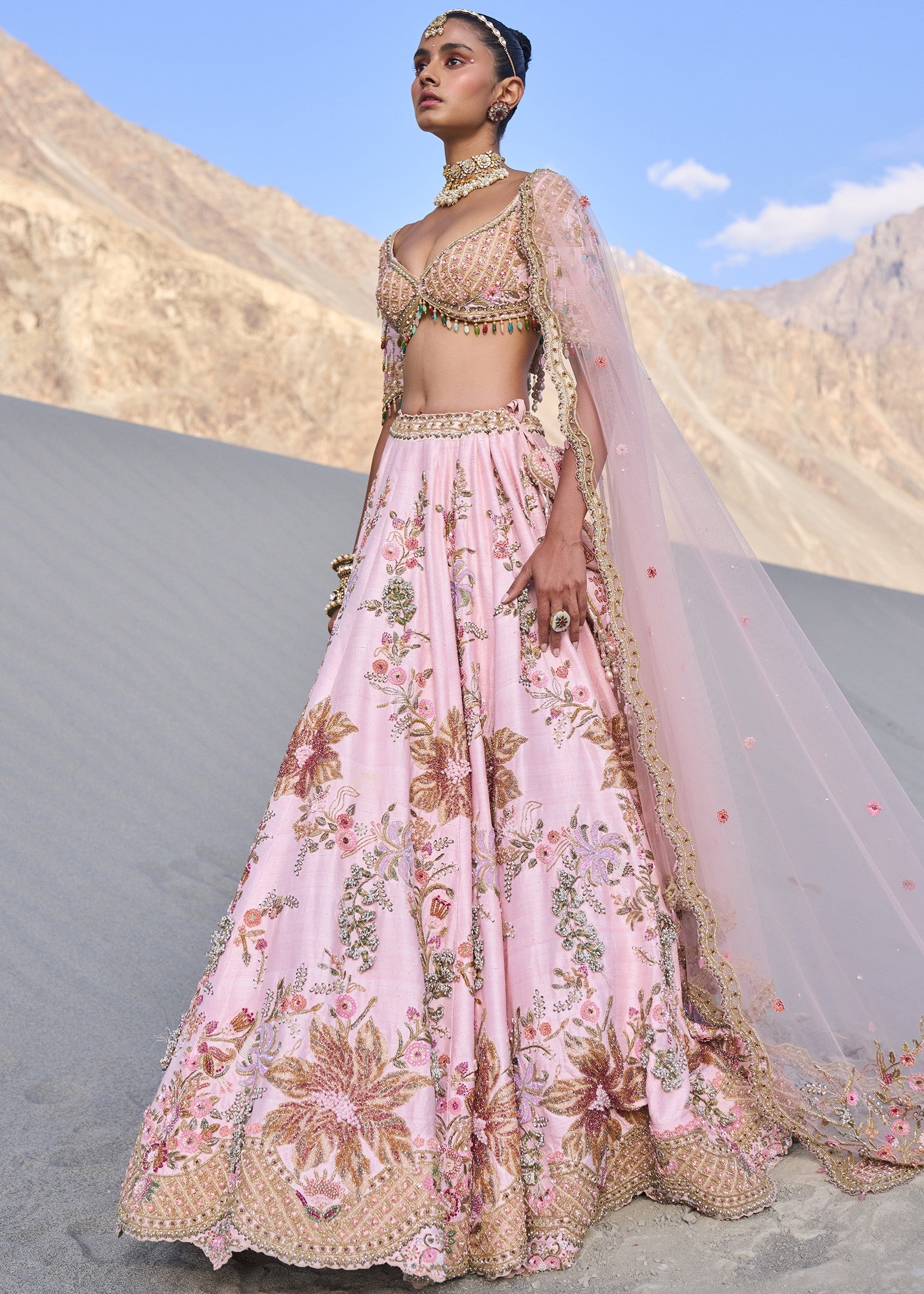 Pink Floral Embroidered Bridal Lehenga