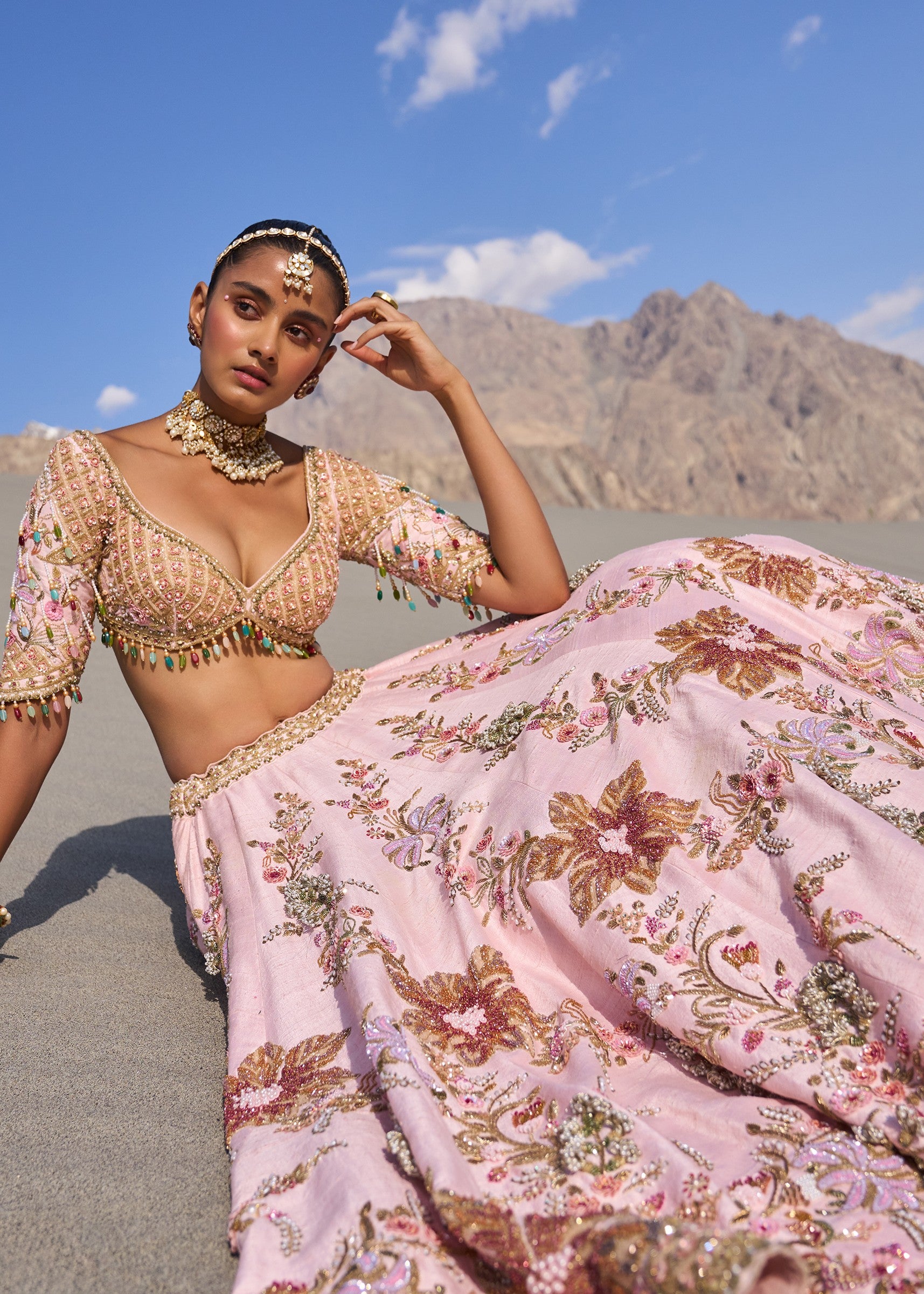 Pink Floral Embroidered Bridal Lehenga