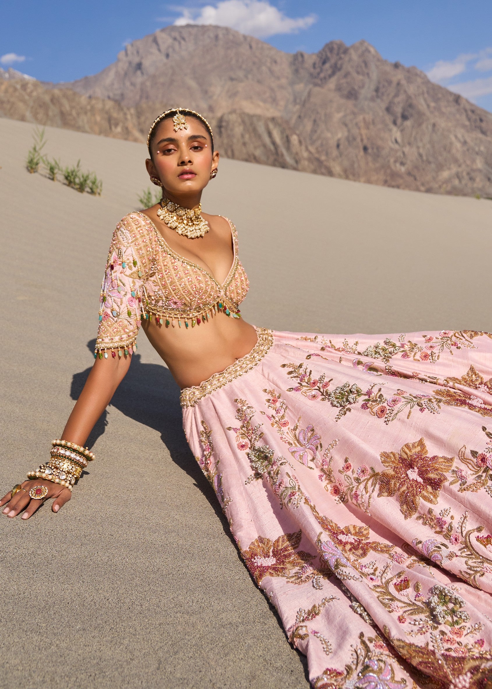 Pink Floral Embroidered Bridal Lehenga