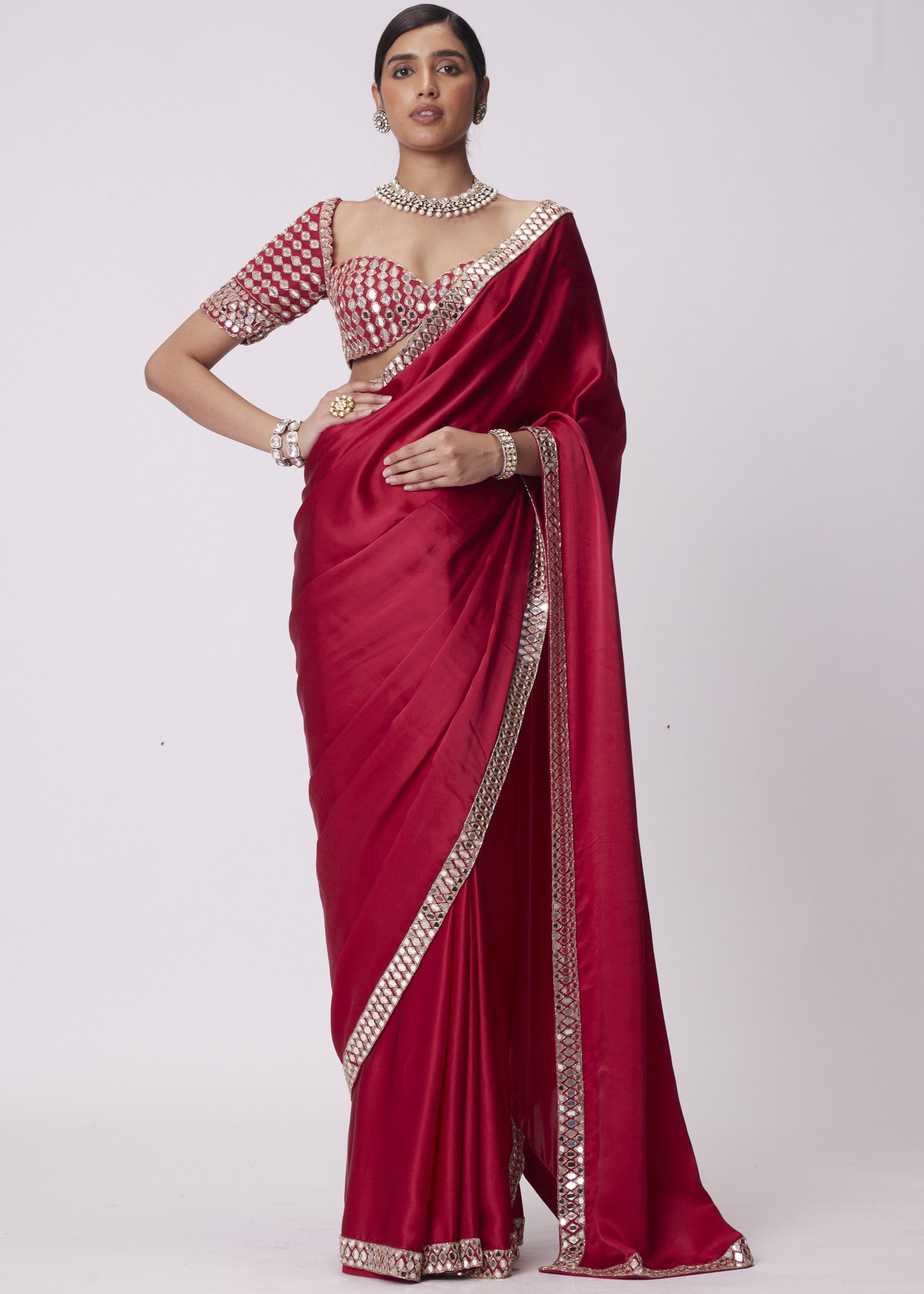 Crimson Red Satin Mirror Embroidered Sari Set