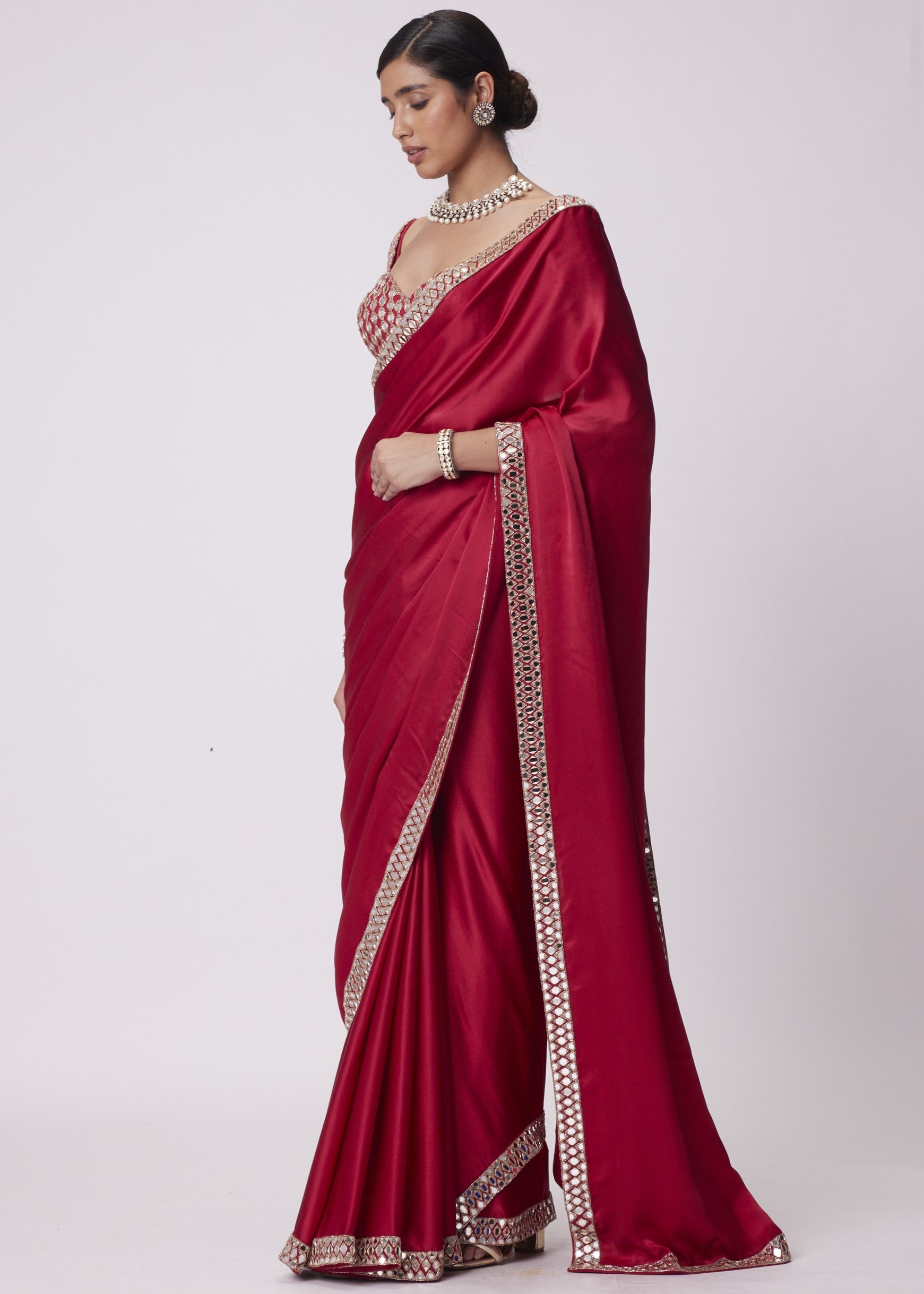 Crimson Red Satin Mirror Embroidered Sari Set