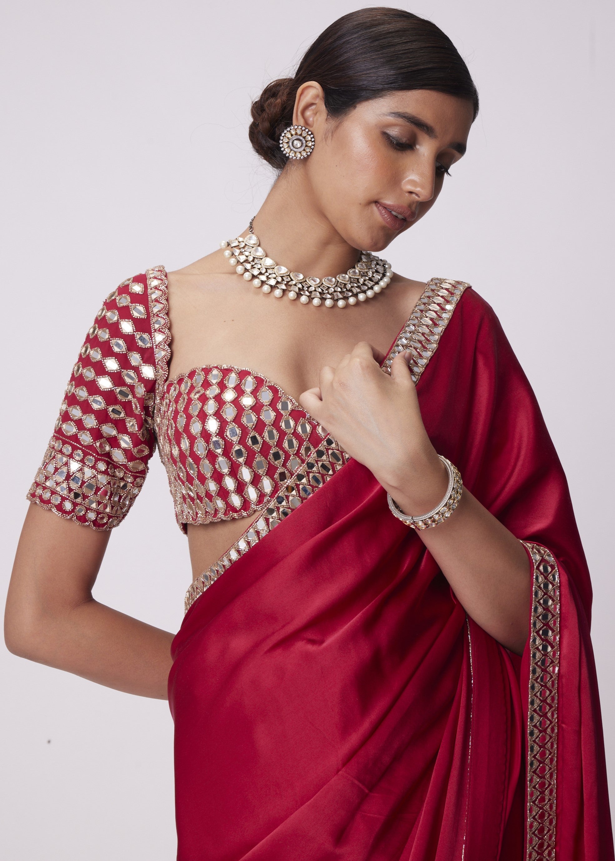 Crimson Red Satin Mirror Embroidered Sari Set