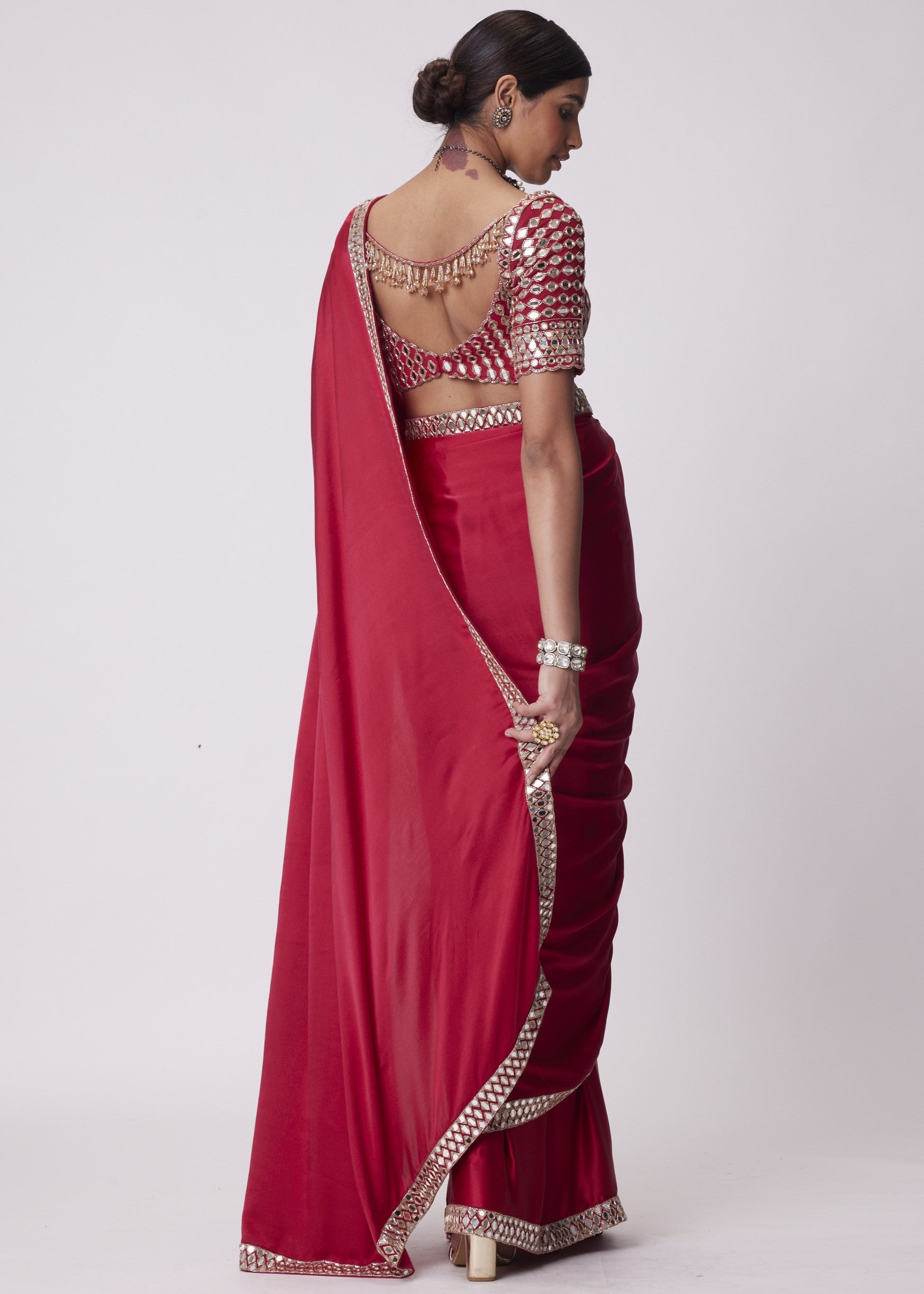 Crimson Red Satin Mirror Embroidered Sari Set