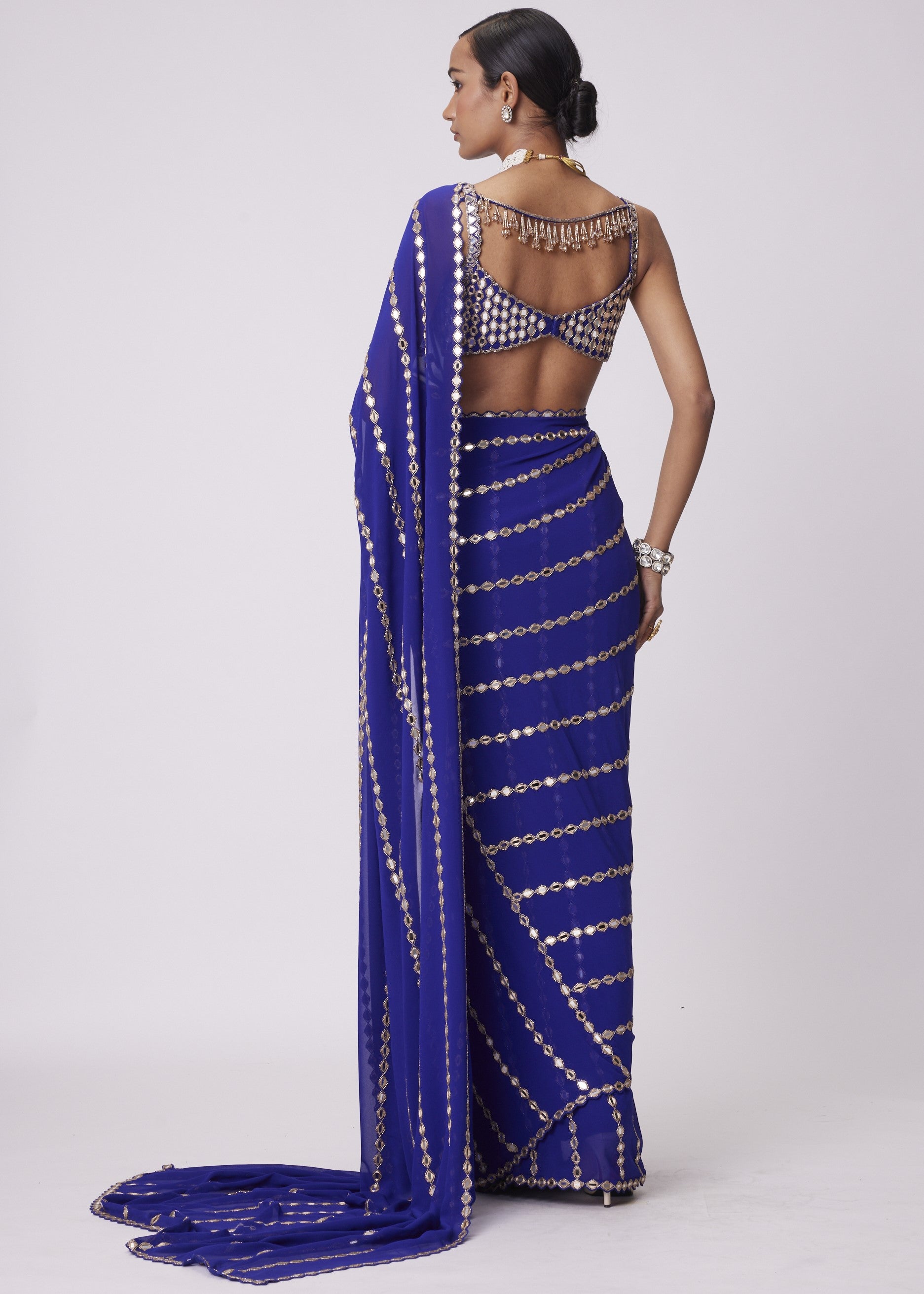 Persian Blue Linear Embroidery Georgette Sari Set