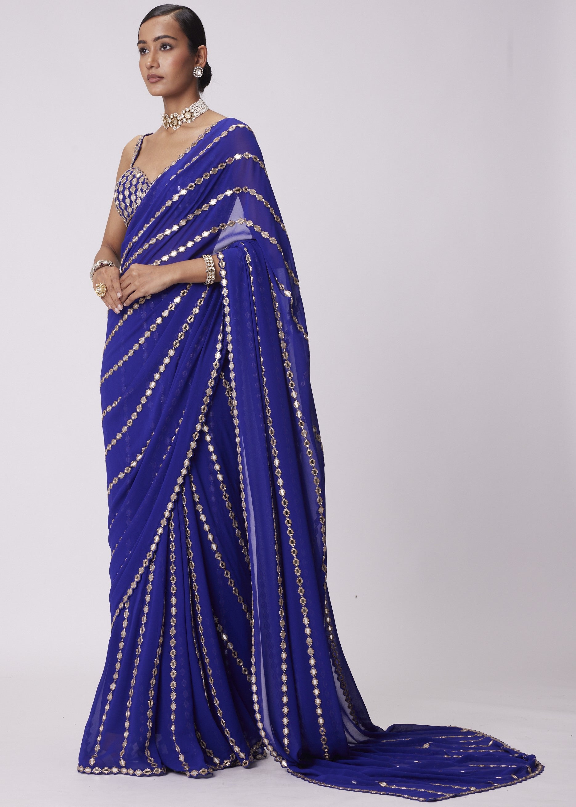Persian Blue Linear Embroidery Georgette Sari Set