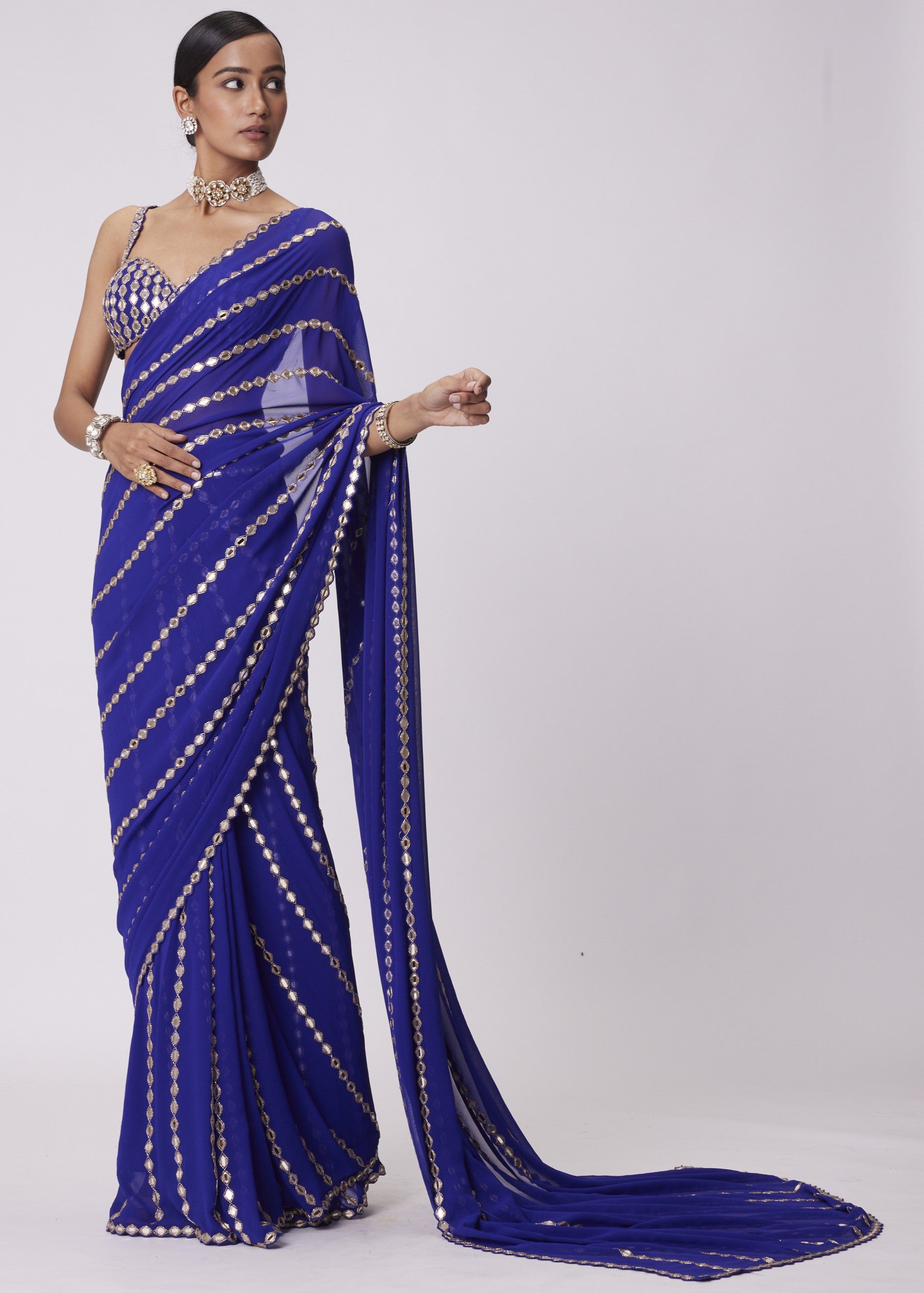 Persian Blue Linear Embroidery Georgette Sari Set