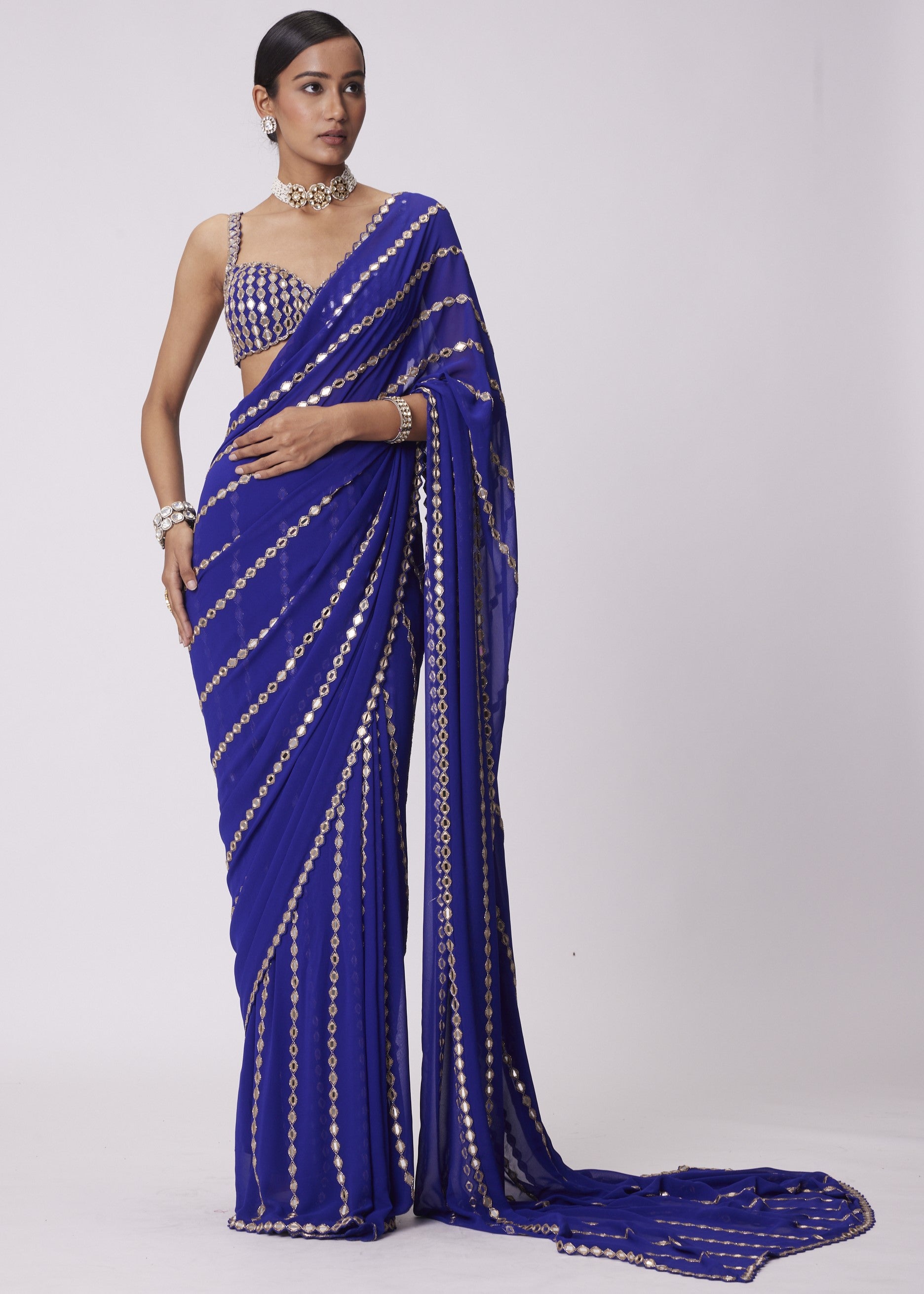 Persian Blue Linear Embroidery Georgette Sari Set
