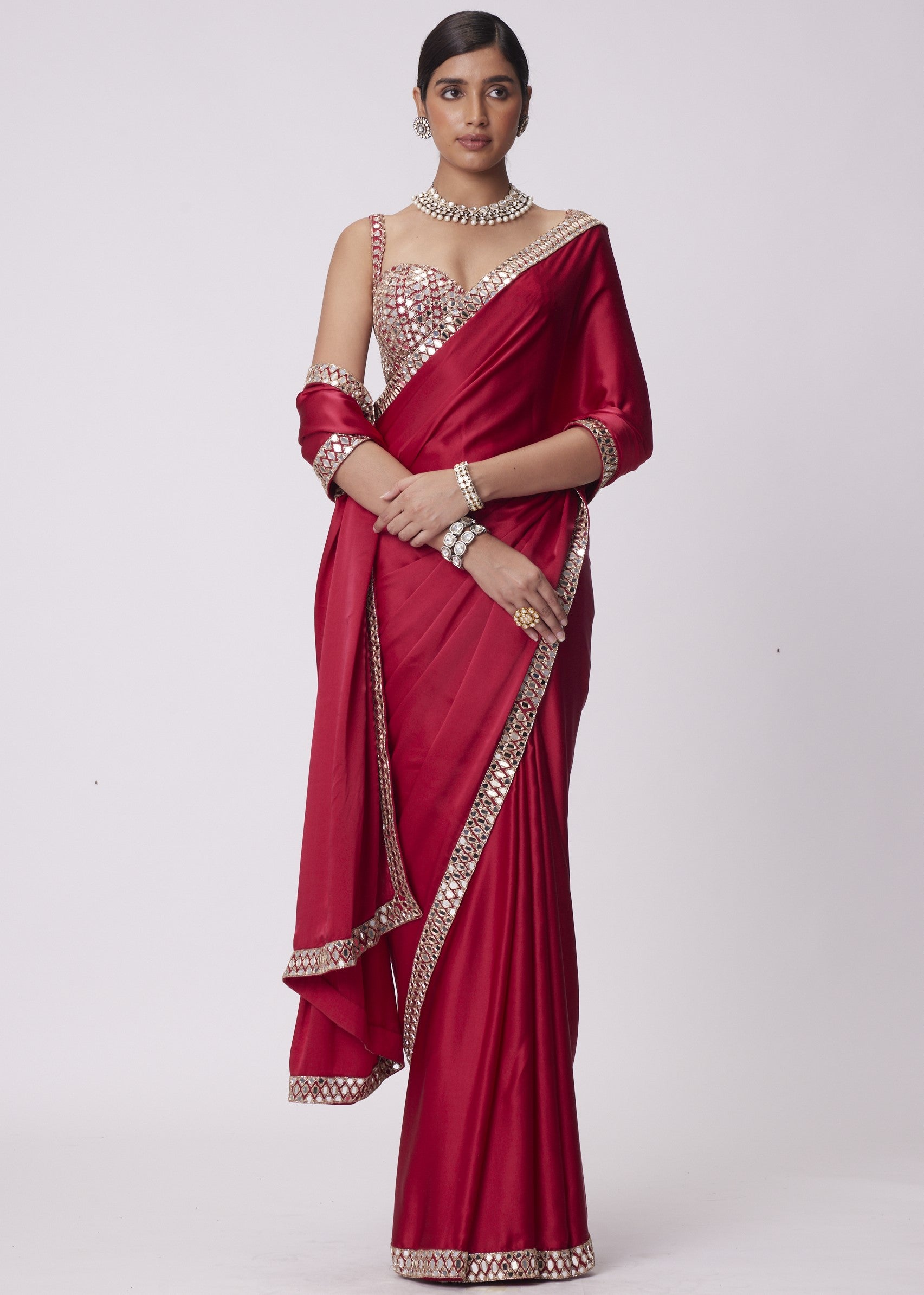 Crimson Red Satin Sari Set