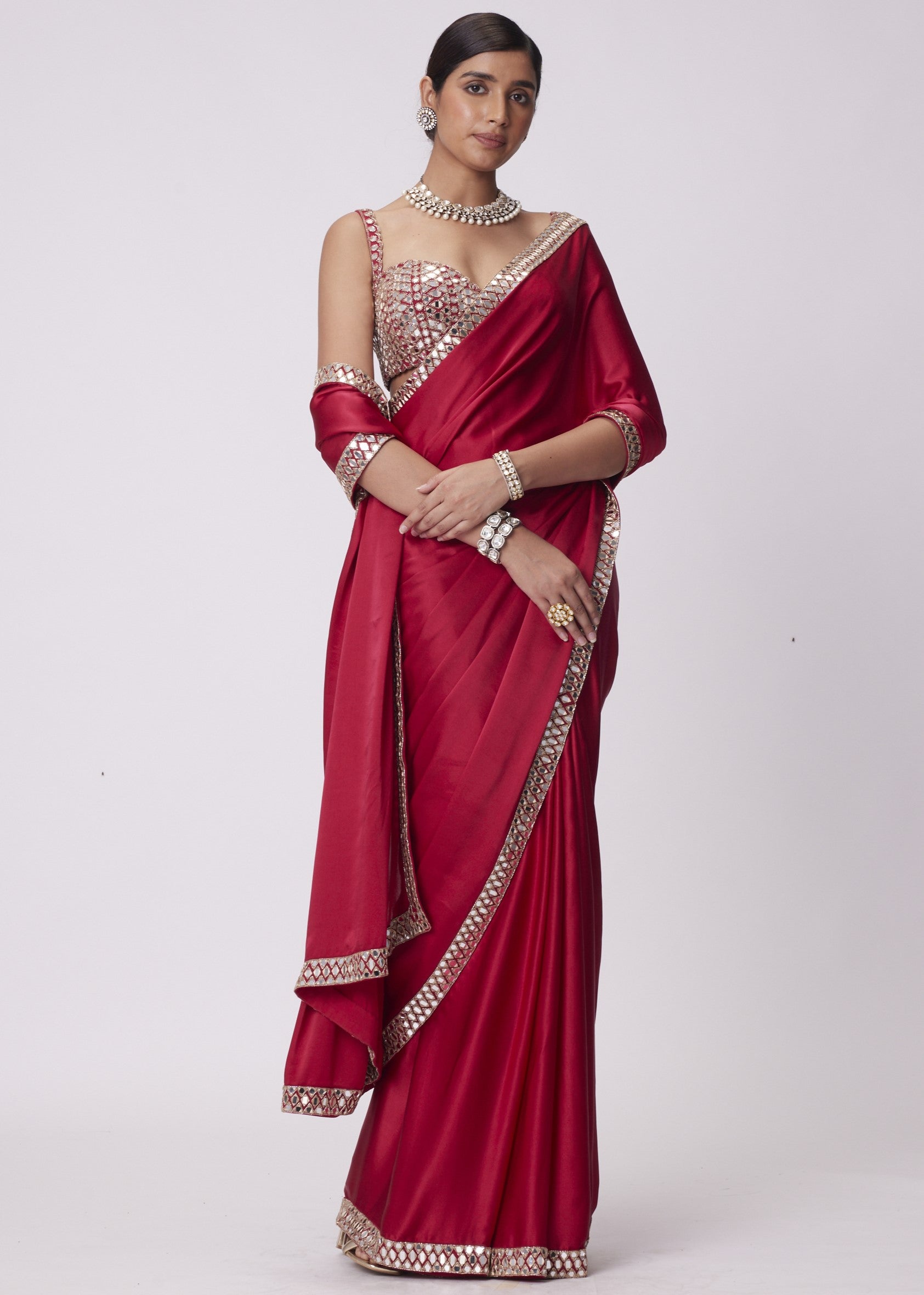 Crimson Red Satin Sari Set